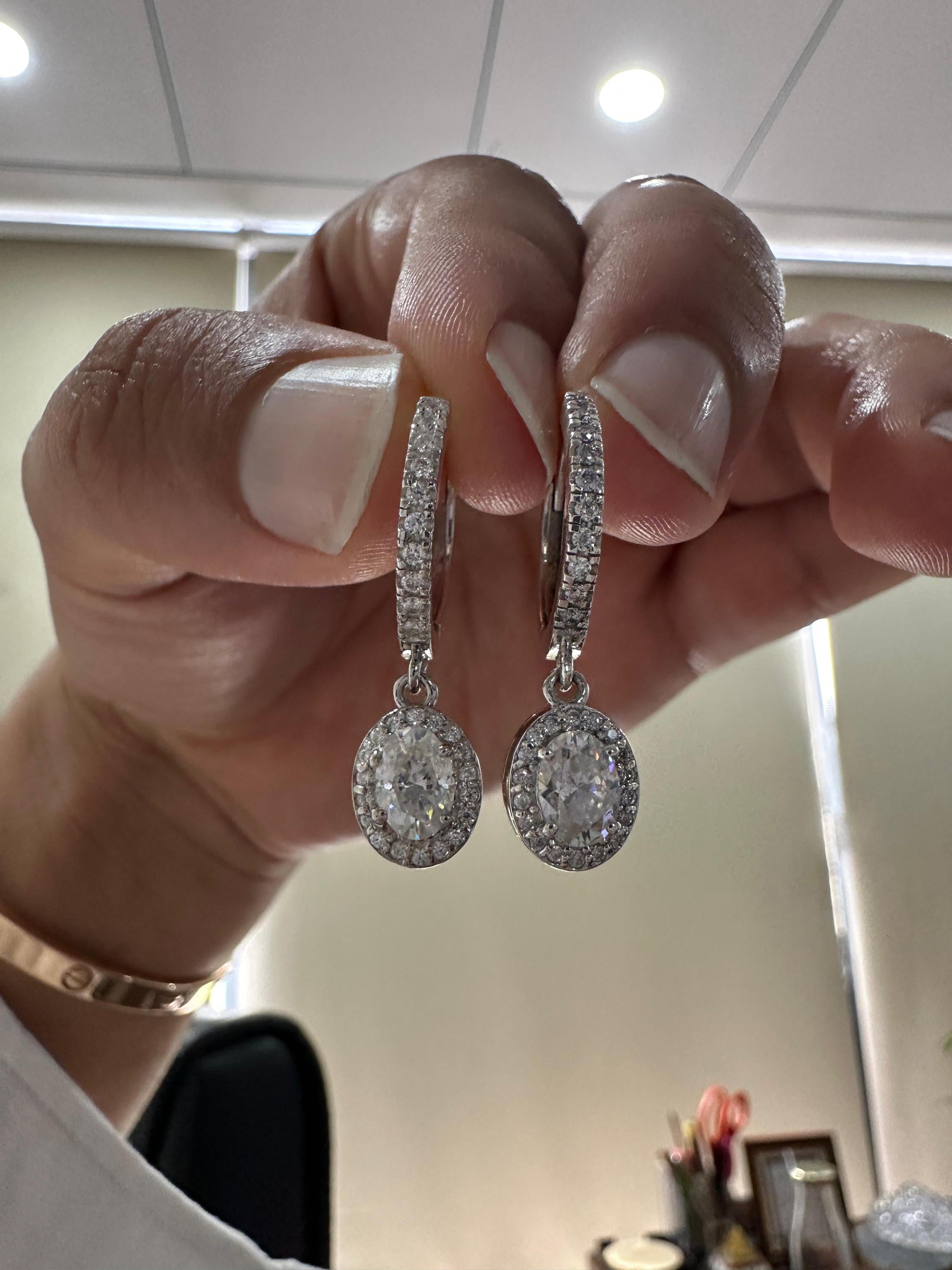 Oval Moissanite Halo Drop Hoop Earrings | 14k Gold Vermeil, Birthday Gift for her