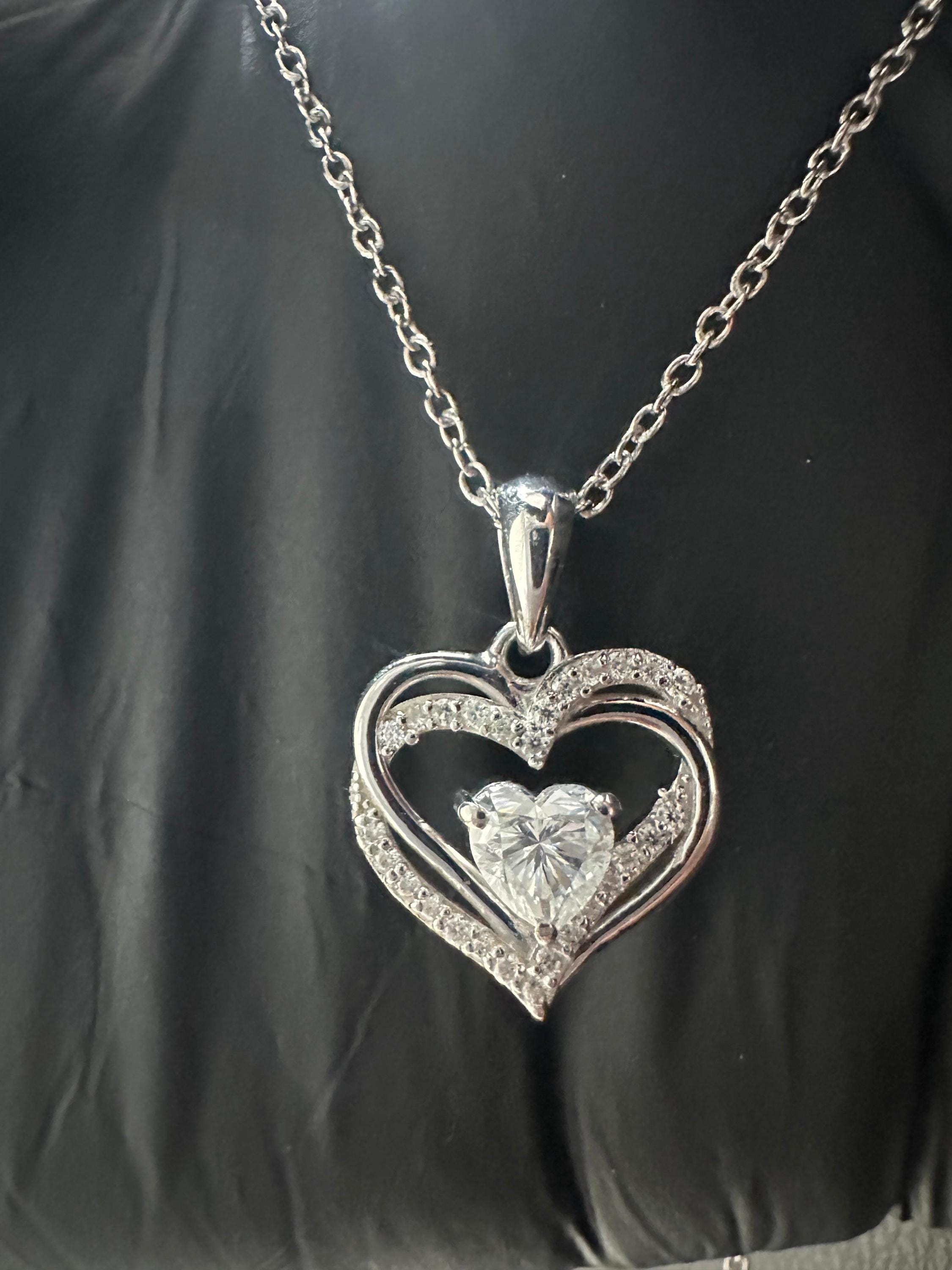 Heart Moissanite Pendant | Double Heart Halo Sterling Silver Necklace | Romantic Christmas Gift