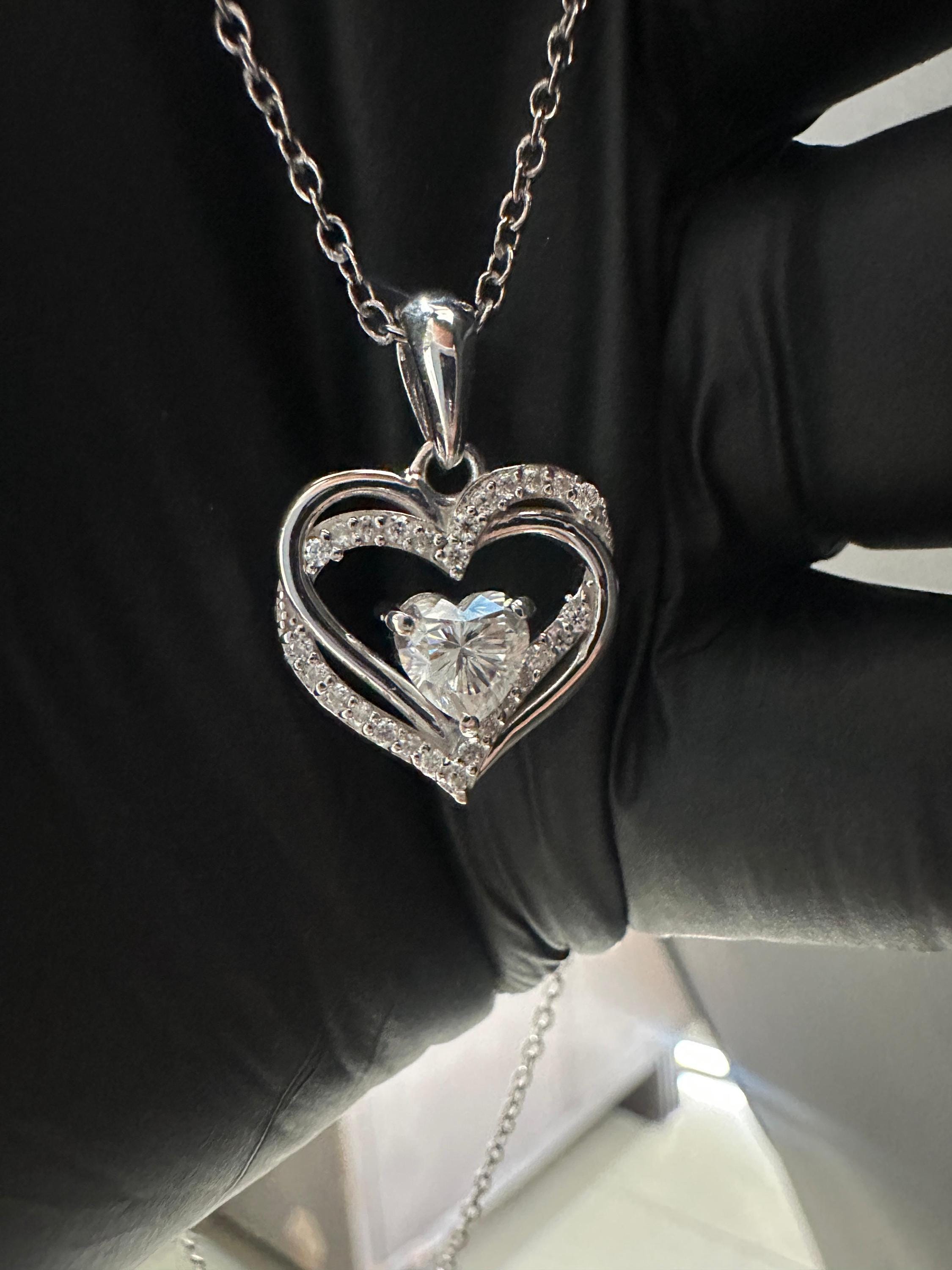 Heart Moissanite Pendant | Double Heart Halo Sterling Silver Necklace | Romantic Christmas Gift