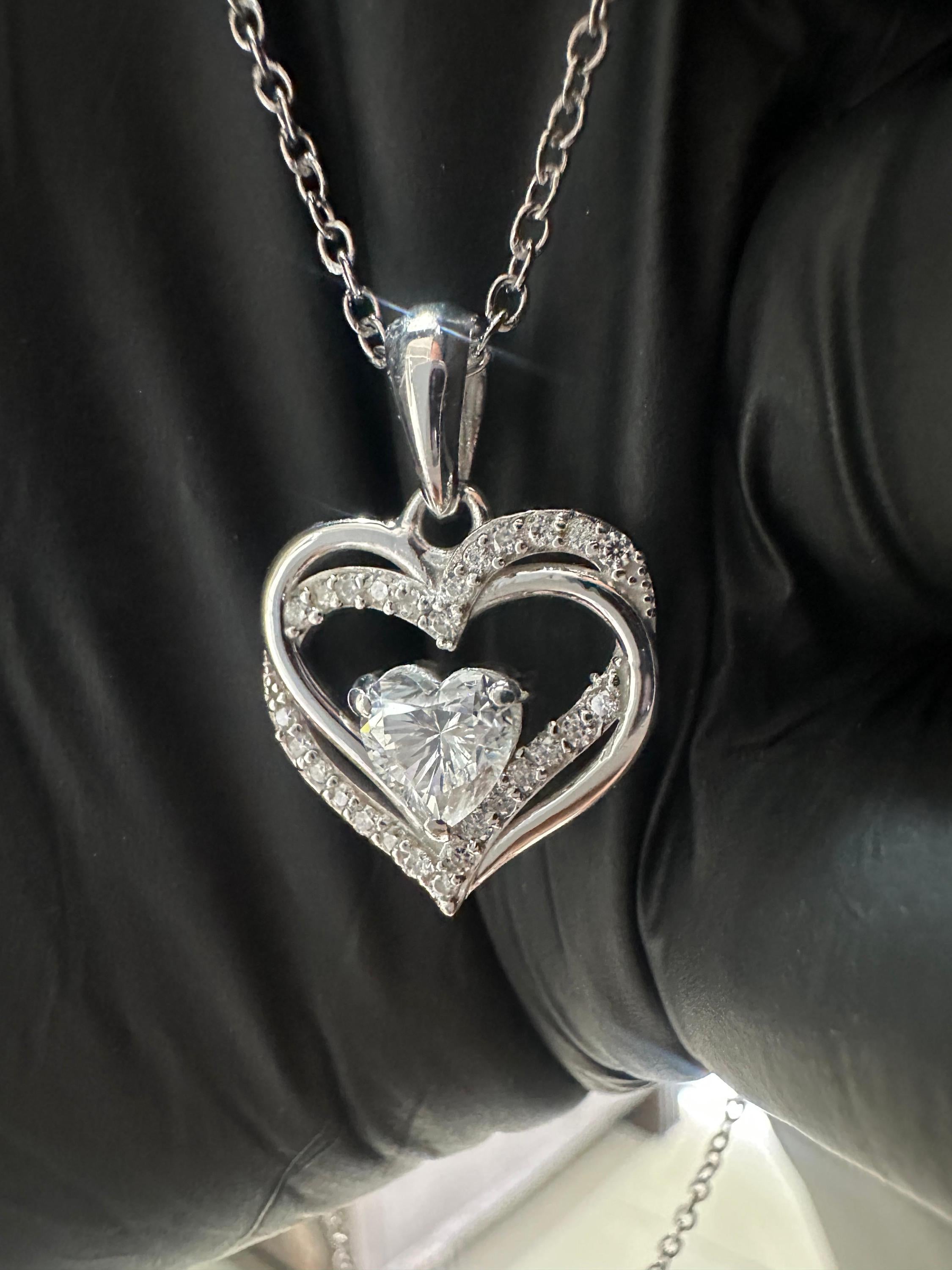 Heart Moissanite Pendant | Double Heart Halo Sterling Silver Necklace | Romantic Christmas Gift