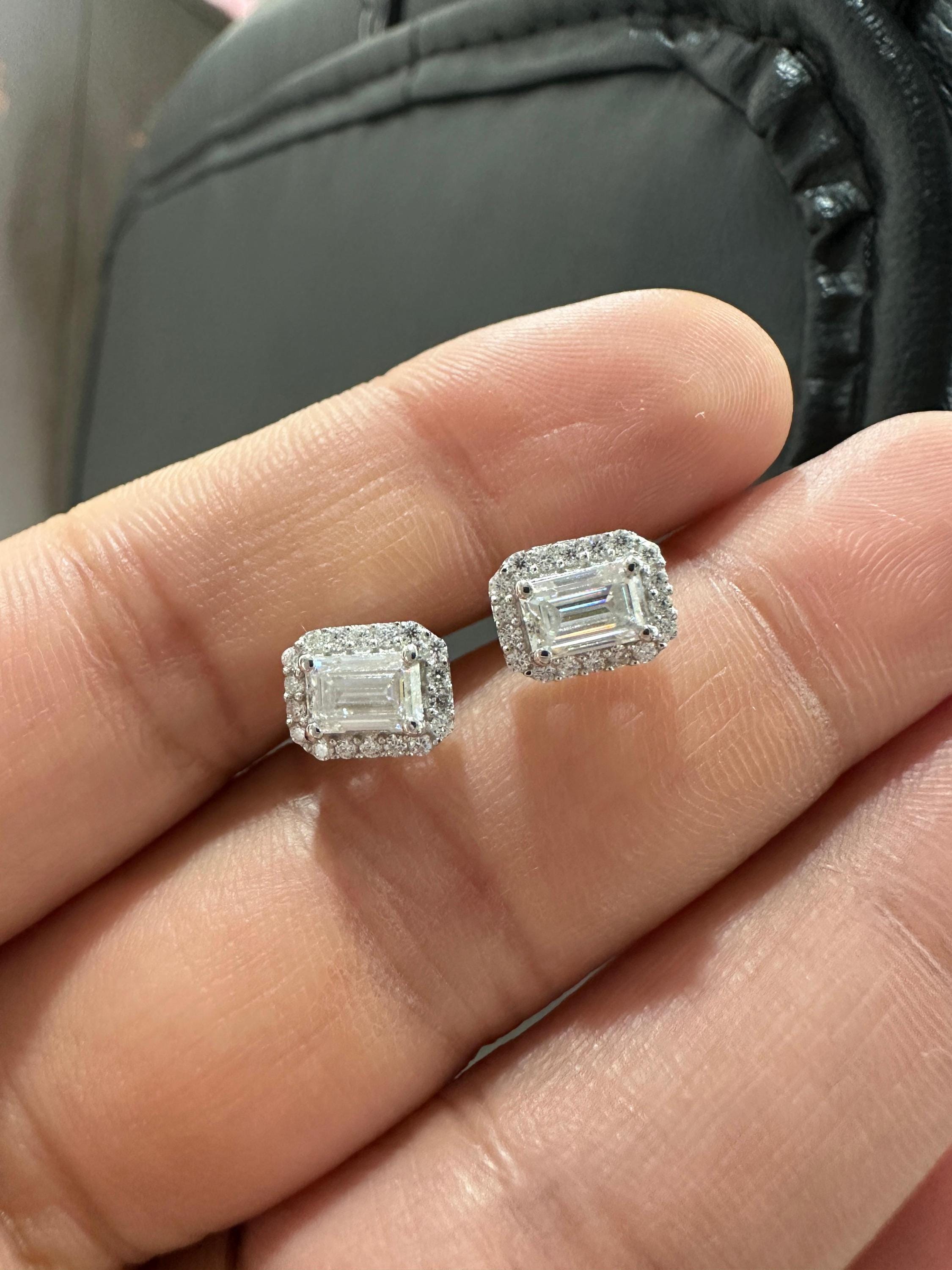 Emerald Cut Moissanite Halo Stud Earrings | 14K White Gold 2.5 CT Bridal Wedding Gift