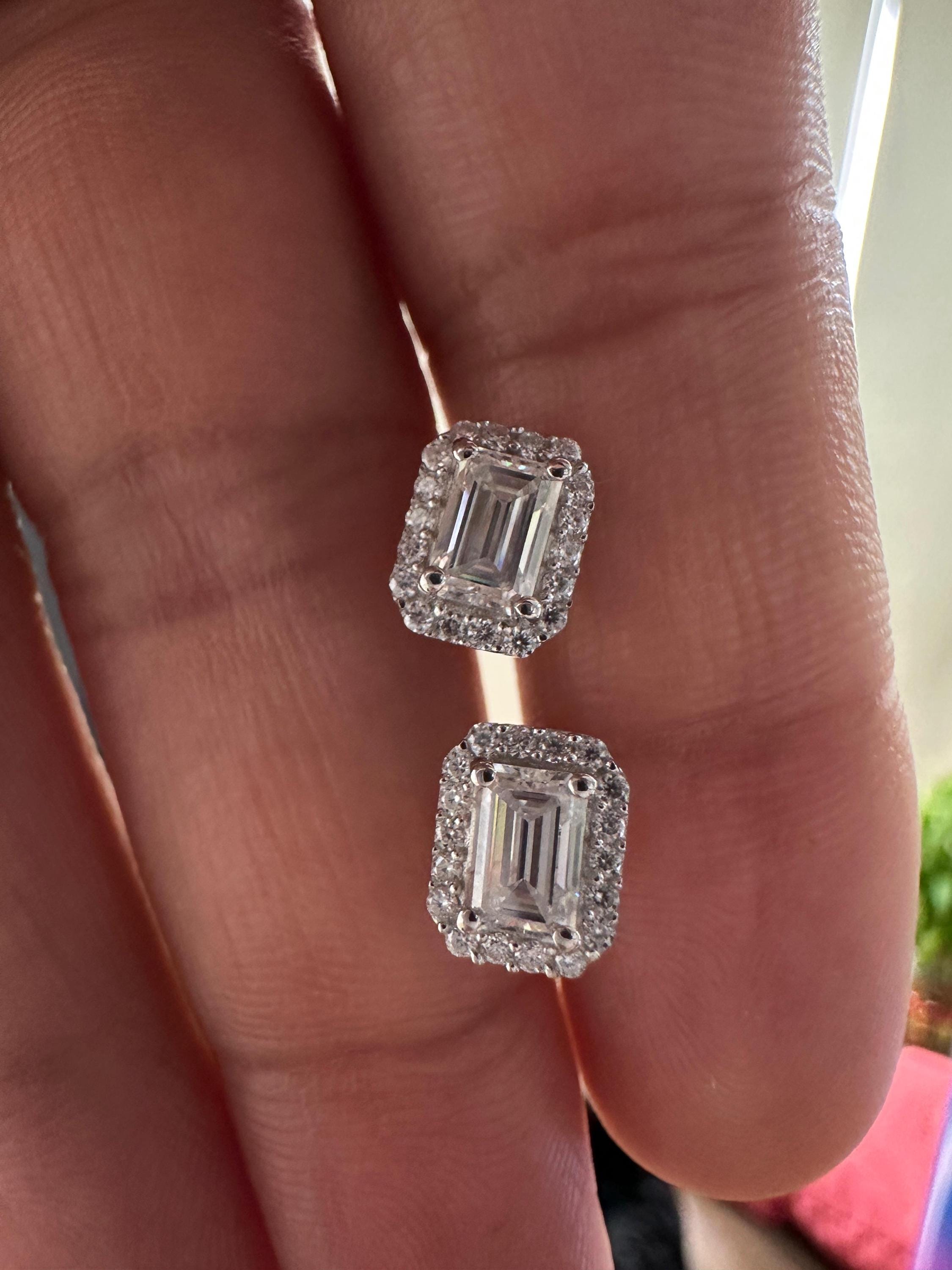 Emerald Cut Moissanite Halo Stud Earrings | 14K White Gold 2.5 CT Bridal Wedding Gift