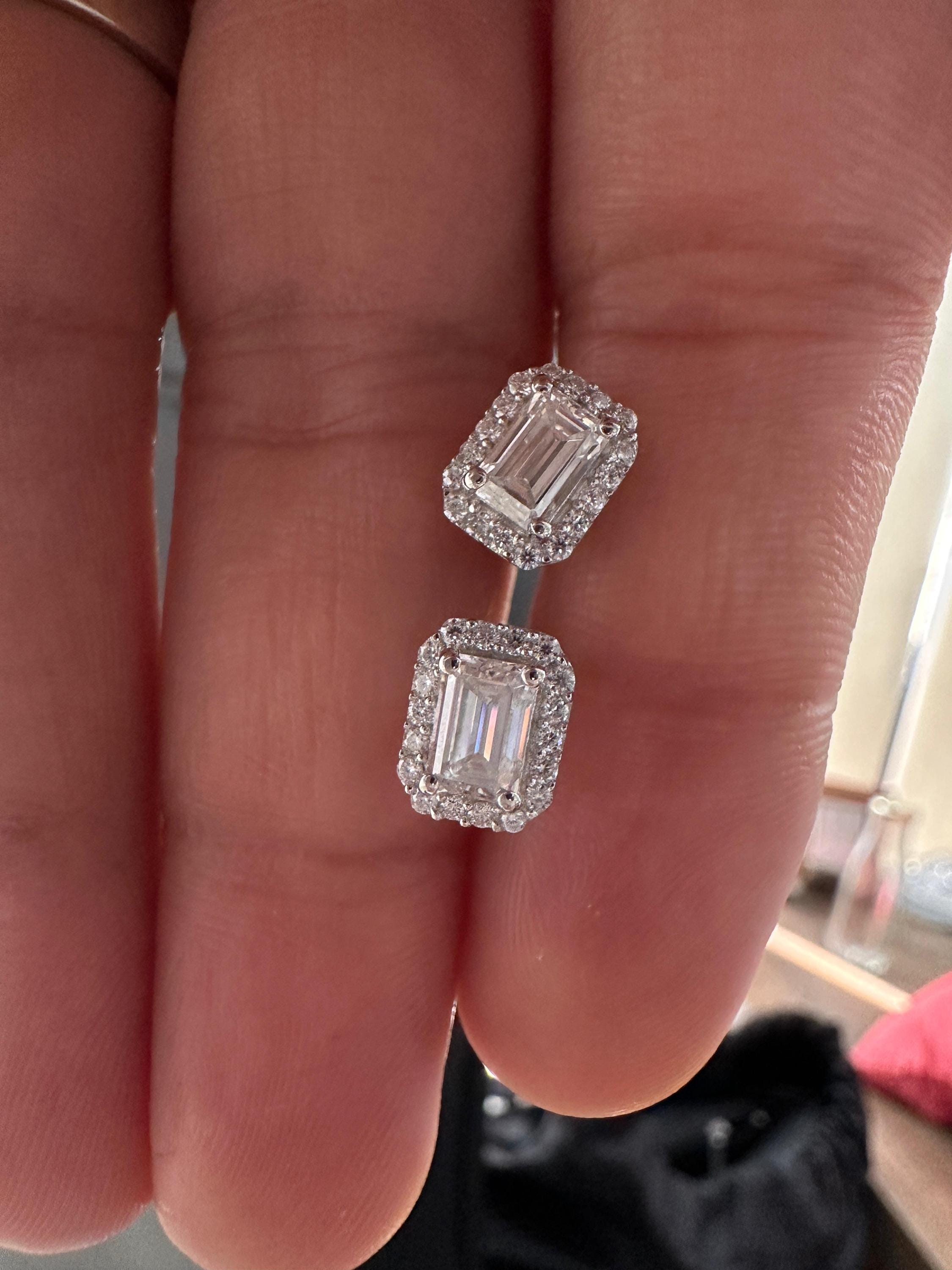 Emerald Cut Moissanite Halo Stud Earrings | 14K White Gold 2.5 CT Bridal Wedding Gift