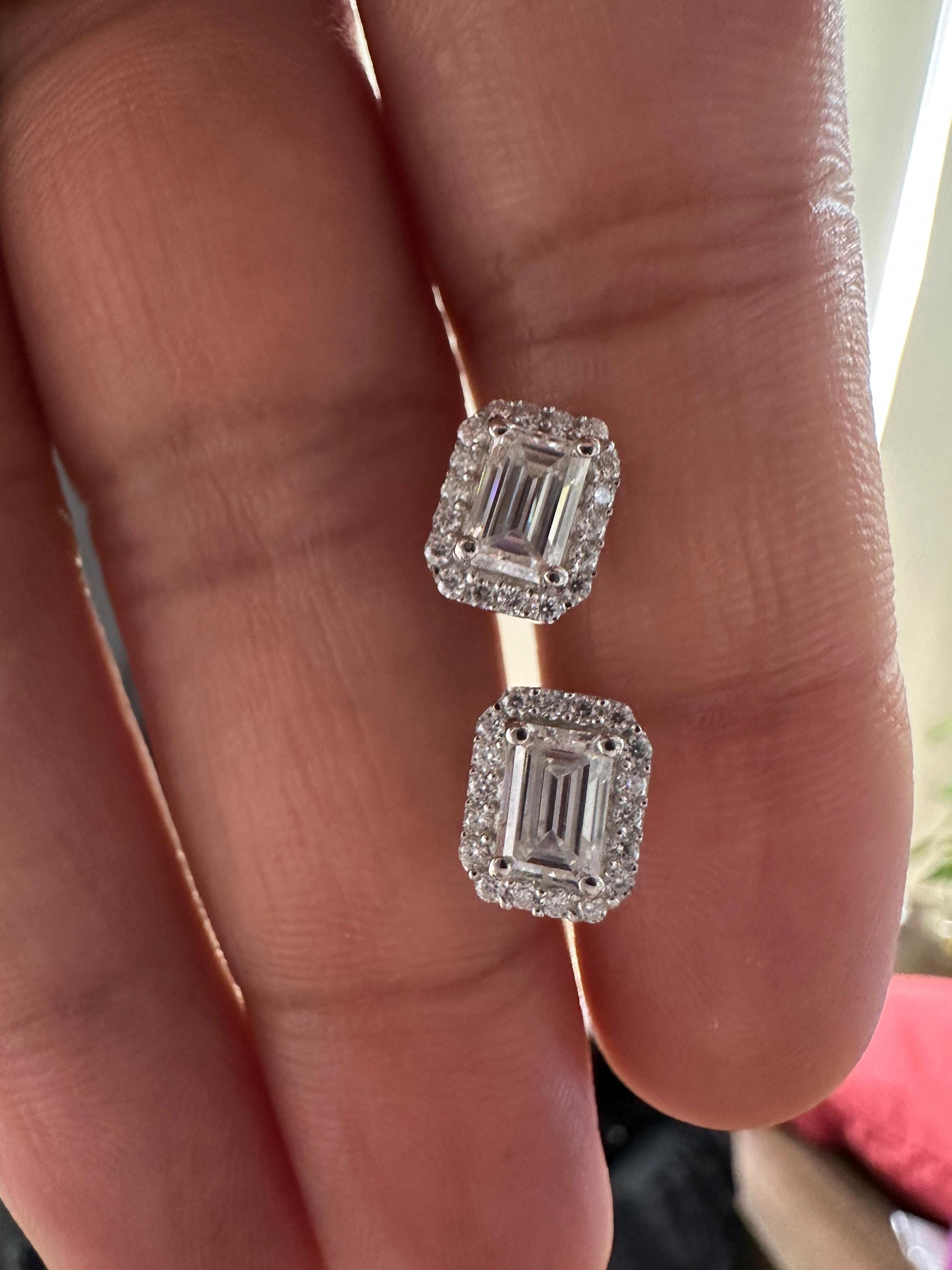 Emerald Cut Moissanite Halo Stud Earrings | 14K White Gold 2.5 CT Bridal Wedding Gift