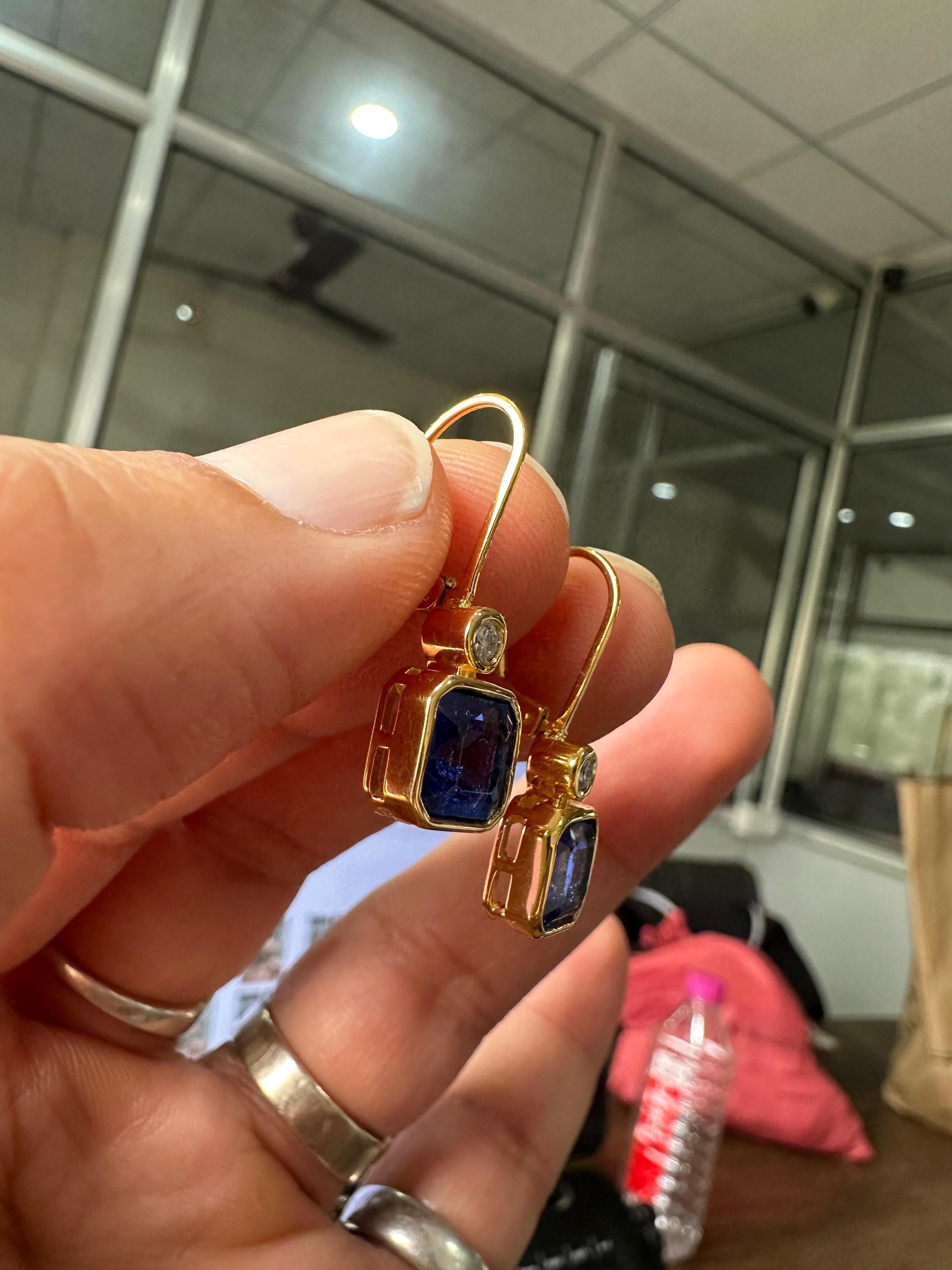 14K Gold Sapphire Diamond Earrings, Bezel Set Asscher Cut Lever Back Earrings