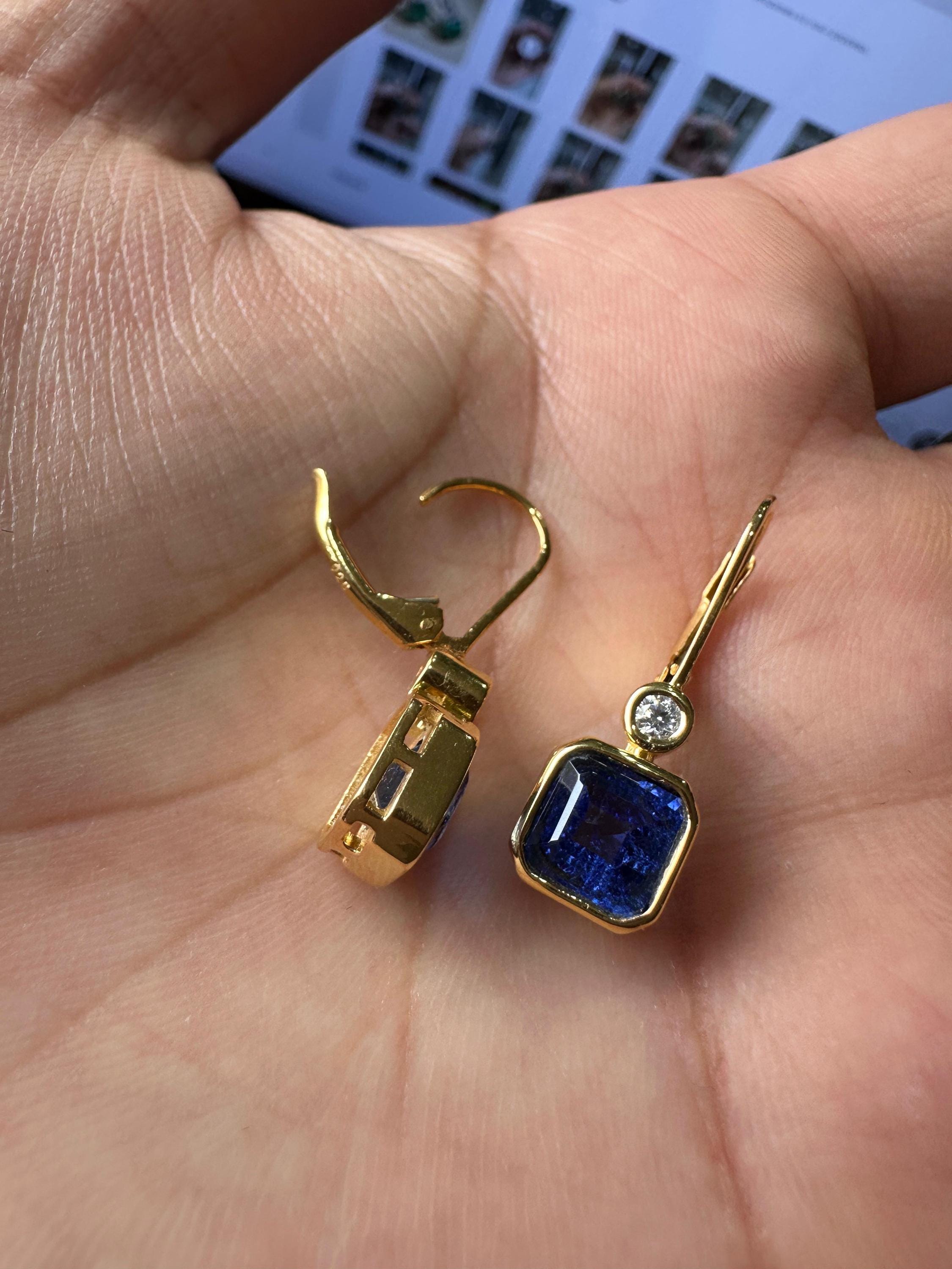 14K Gold Sapphire Diamond Earrings, Bezel Set Asscher Cut Lever Back Earrings