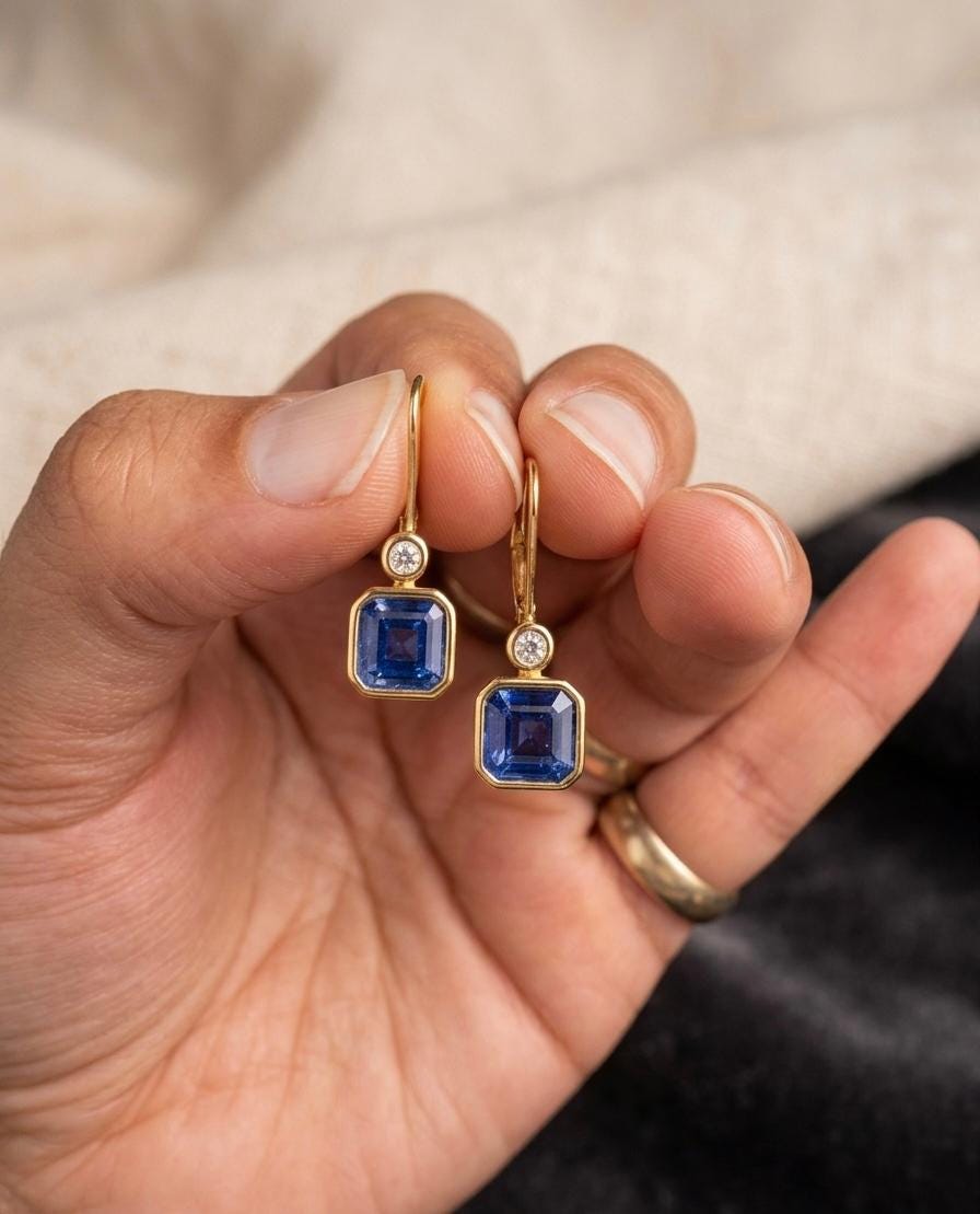 14K Gold Sapphire Diamond Earrings, Bezel Set Asscher Cut Lever Back Earrings