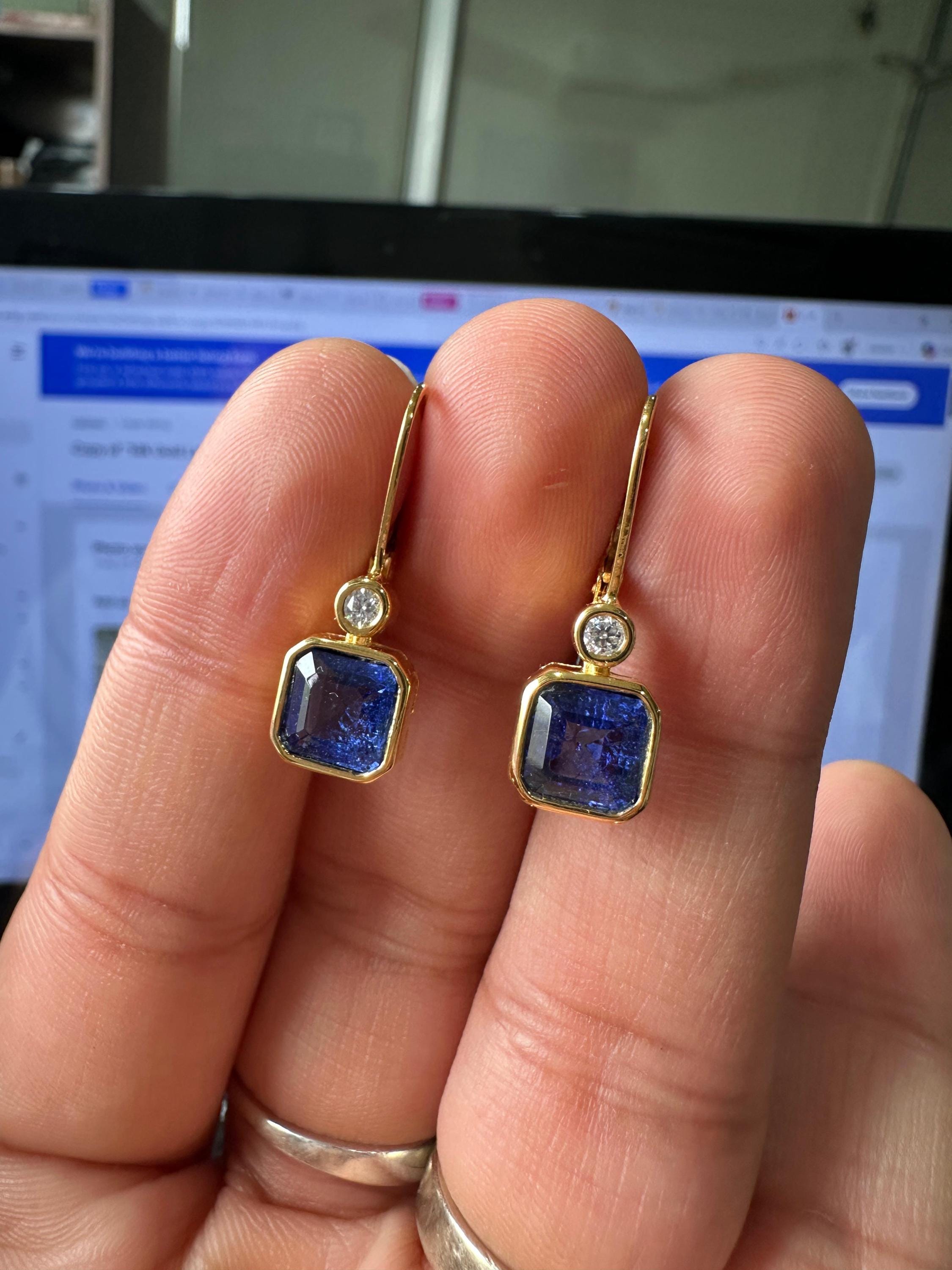 14k Yellow Gold Sapphire Lever Back Earrings, Luxury Anniversary Gifts for her