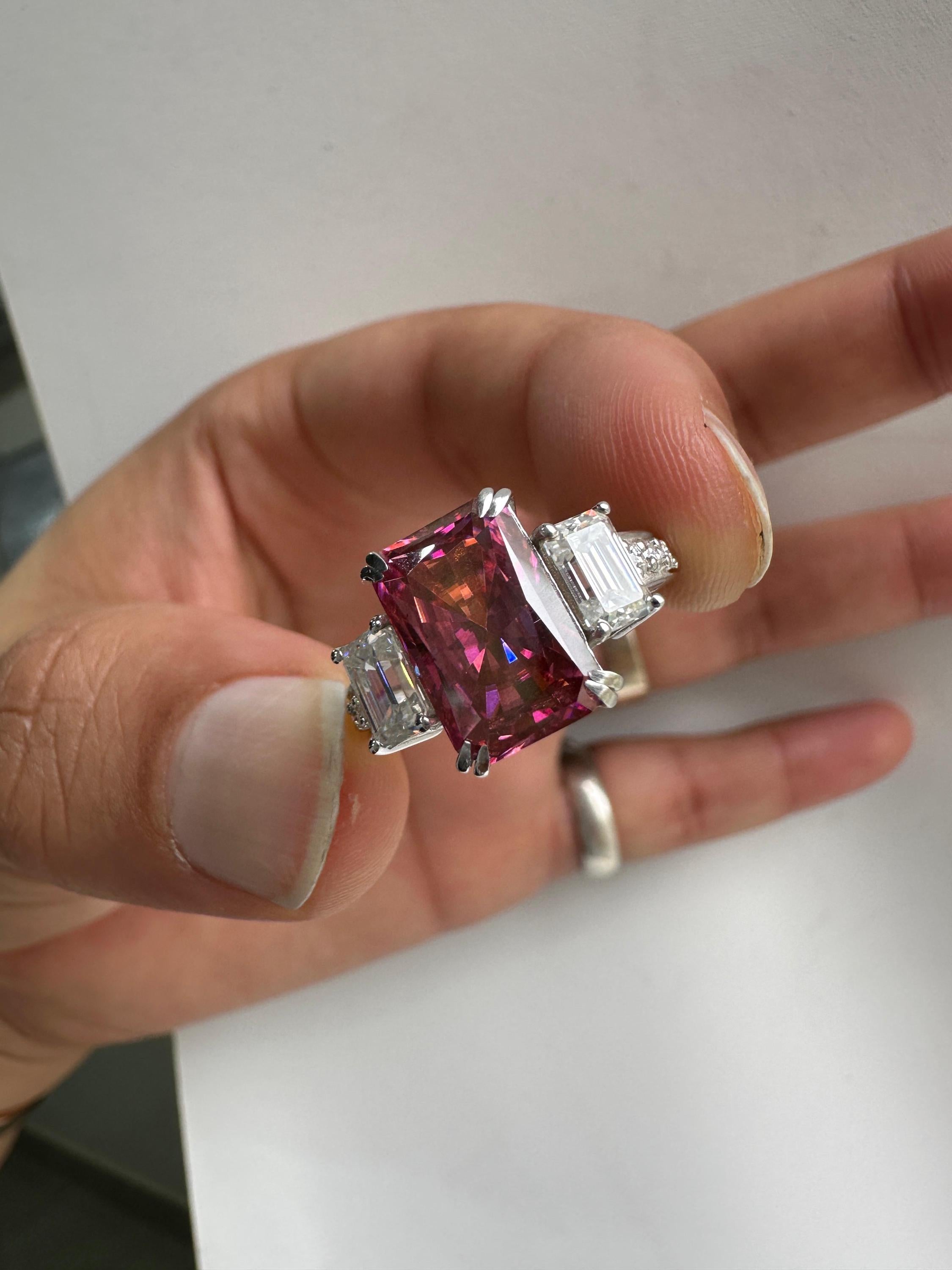Pink Emerald Cut Moissanite Three Stone Ring | 14K White Gold Engagement Ring