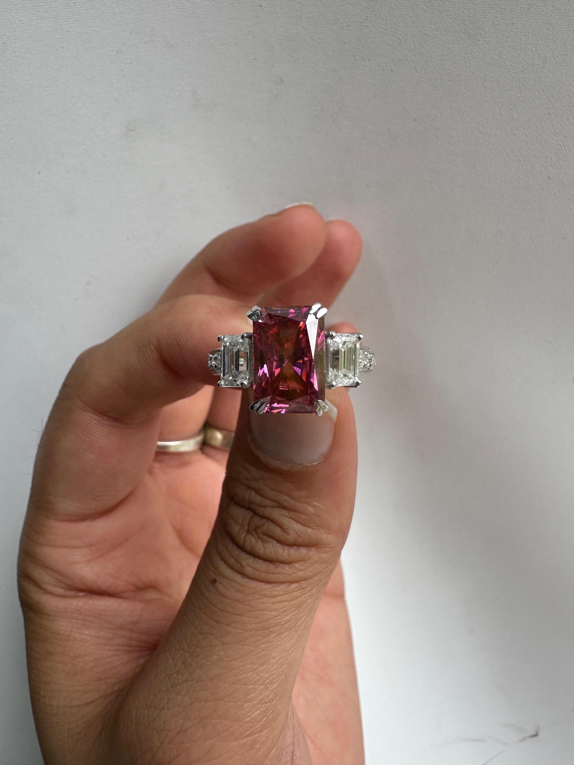 Pink Emerald Cut Moissanite Three Stone Ring | 14K White Gold Engagement Ring