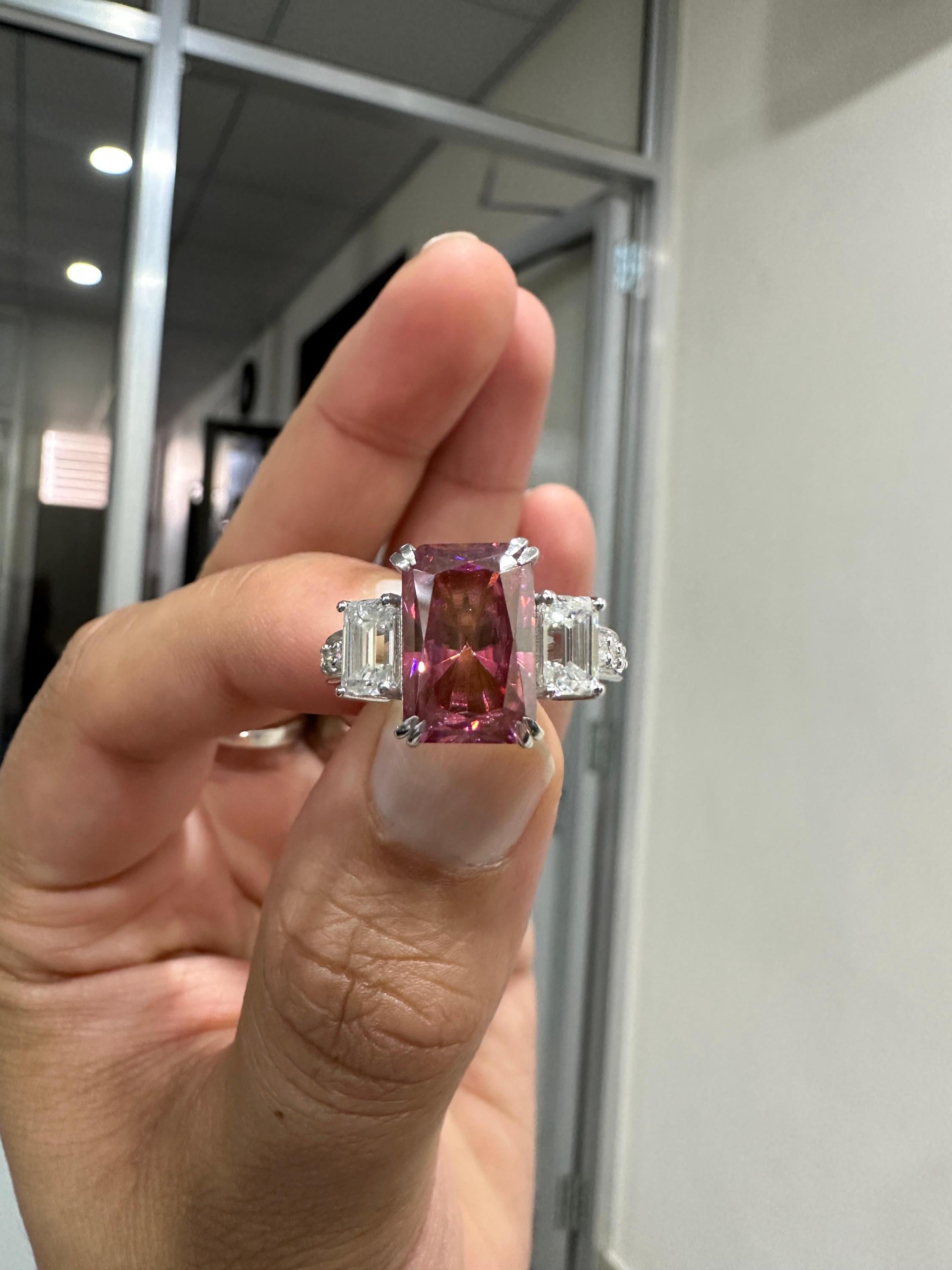 Pink Emerald Cut Moissanite Three Stone Ring | 14K White Gold Engagement Ring
