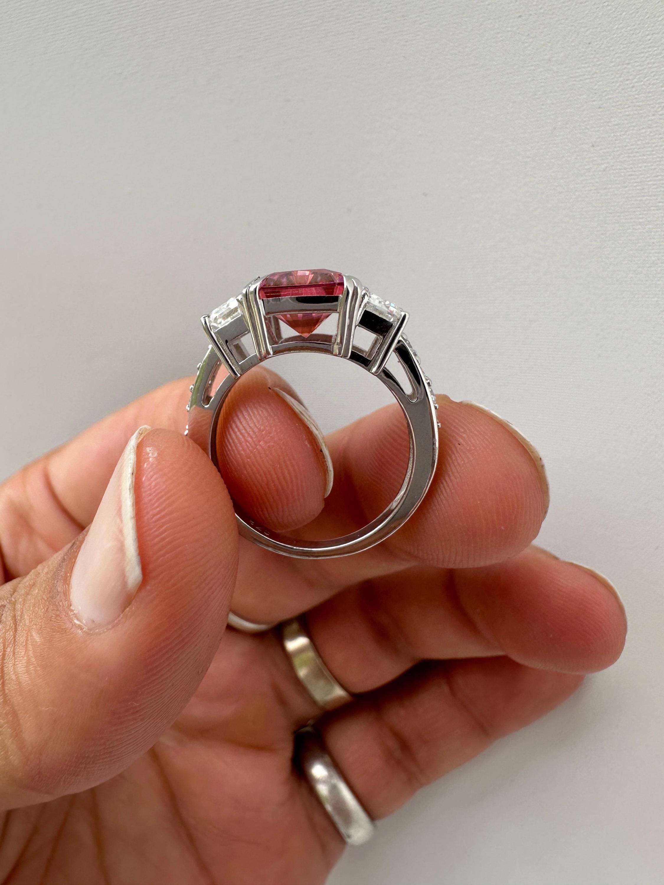 Pink Emerald Cut Moissanite Three Stone Ring | 14K White Gold Engagement Ring