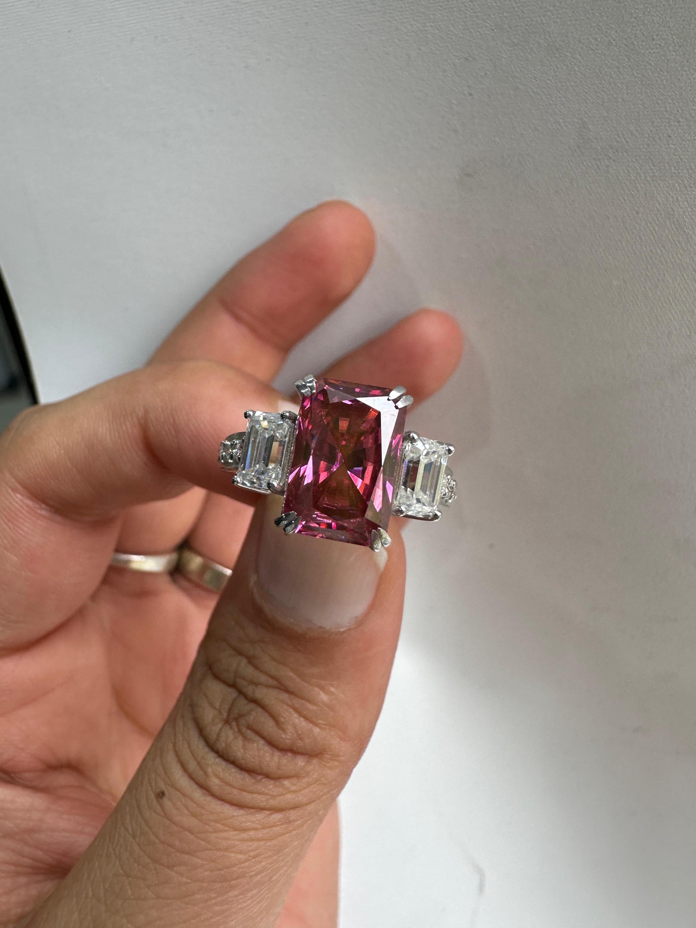 Pink Emerald Cut Moissanite Three Stone Ring | 14K White Gold Engagement Ring