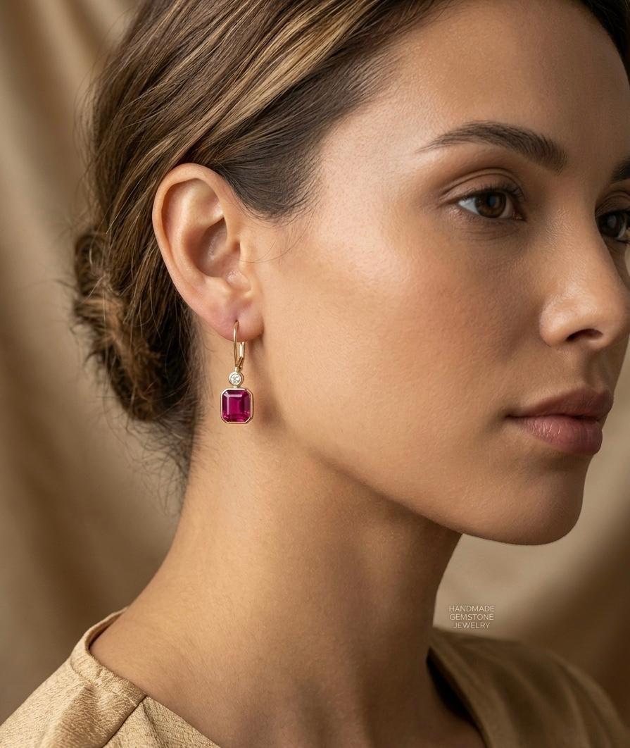 14K Gold Ruby Diamond Drop Earrings | Pink Gemstone Hoops, Fine Jewelry for gift