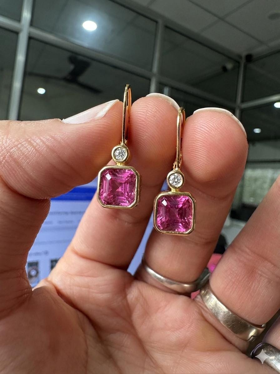 14K Gold Ruby Diamond Drop Earrings | Pink Gemstone Hoops, Fine Jewelry for gift
