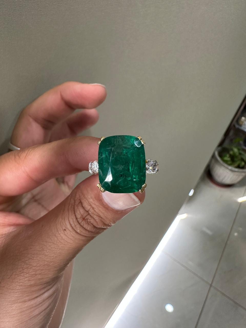 15 CT Lab Emerald Cushion Cut Ring | 14K Solid Gold Moissanite Eternity Band