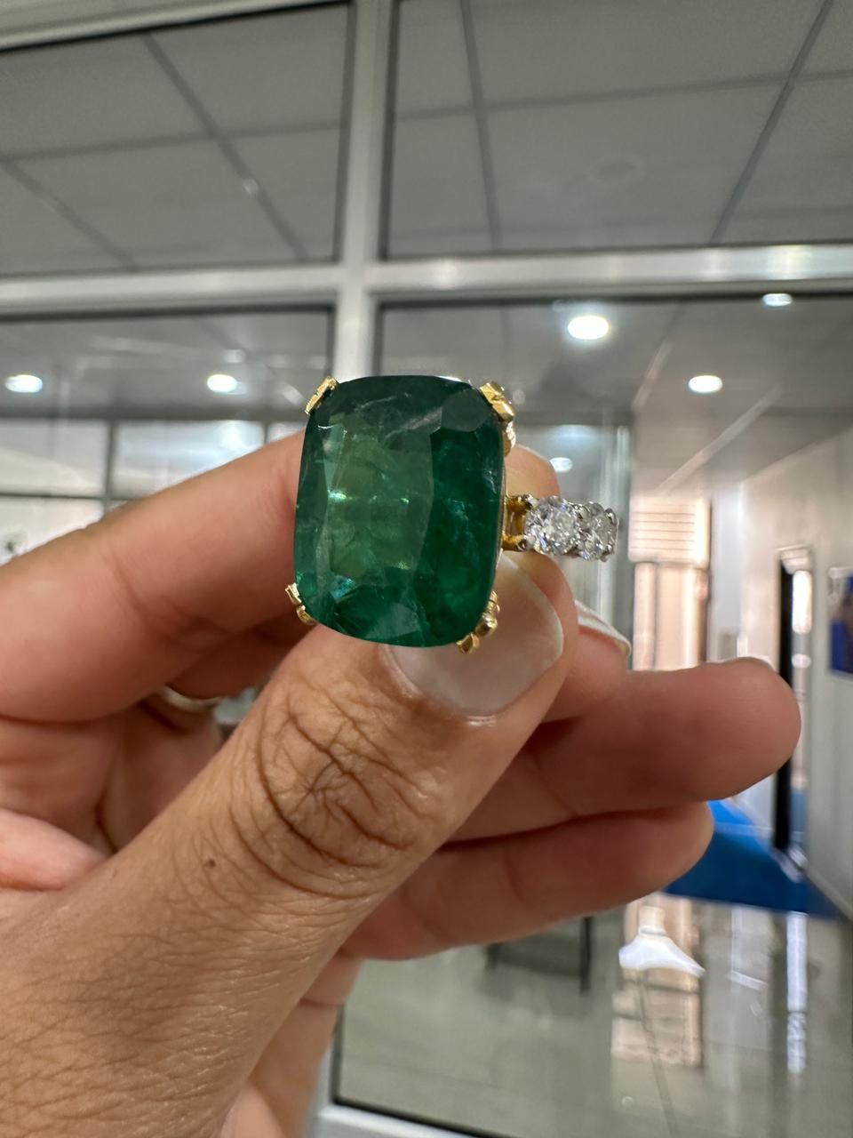 15 CT Lab Emerald Cushion Cut Ring | 14K Solid Gold Moissanite Eternity Band