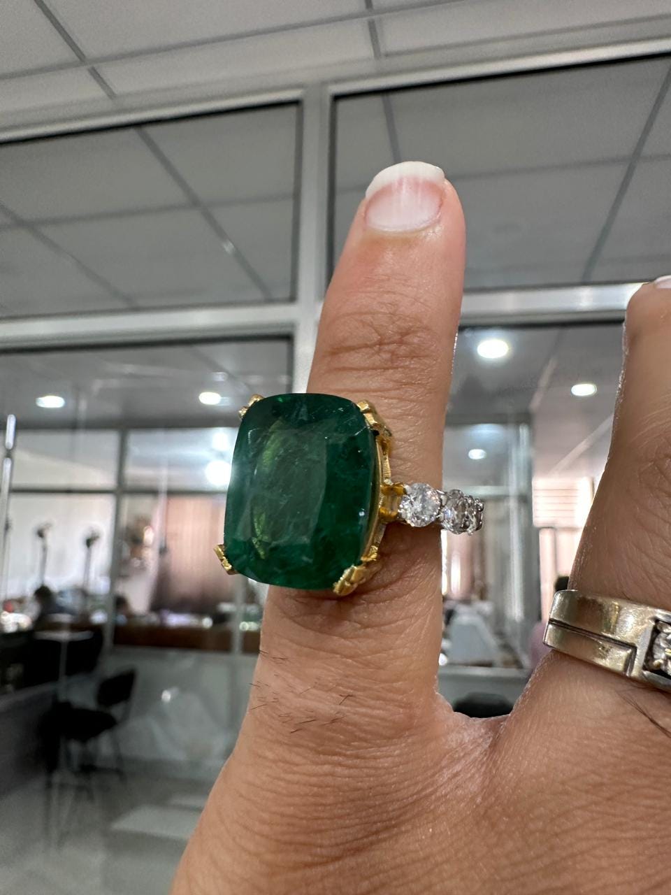 15 CT Lab Emerald Cushion Cut Ring | 14K Solid Gold Moissanite Eternity Band