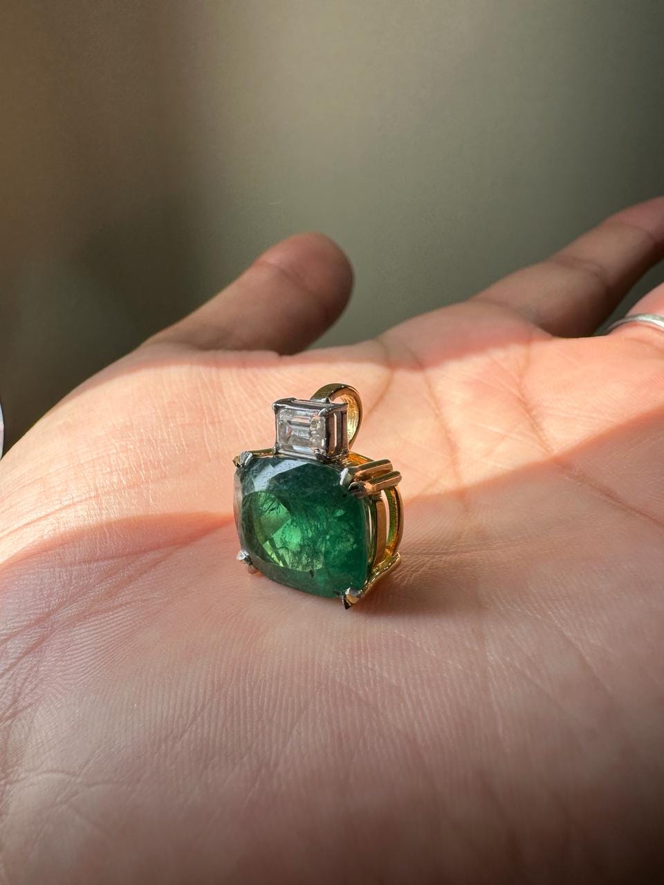15 CT Emerald Pendant Necklace | 14K Gold Cushion Cut Moissanite Statement Jewelry