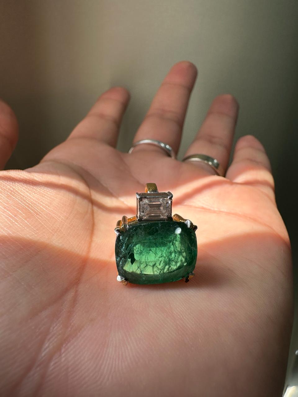 15 CT Emerald Pendant Necklace | 14K Gold Cushion Cut Moissanite Statement Jewelry