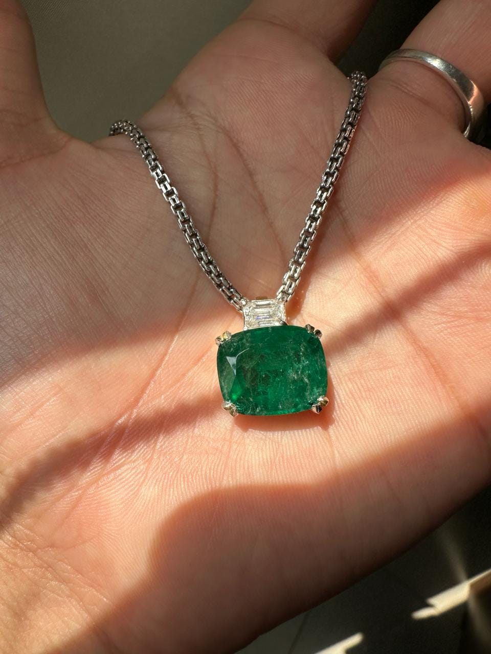 15 CT Emerald Pendant Necklace | 14K Gold Cushion Cut Moissanite Statement Jewelry