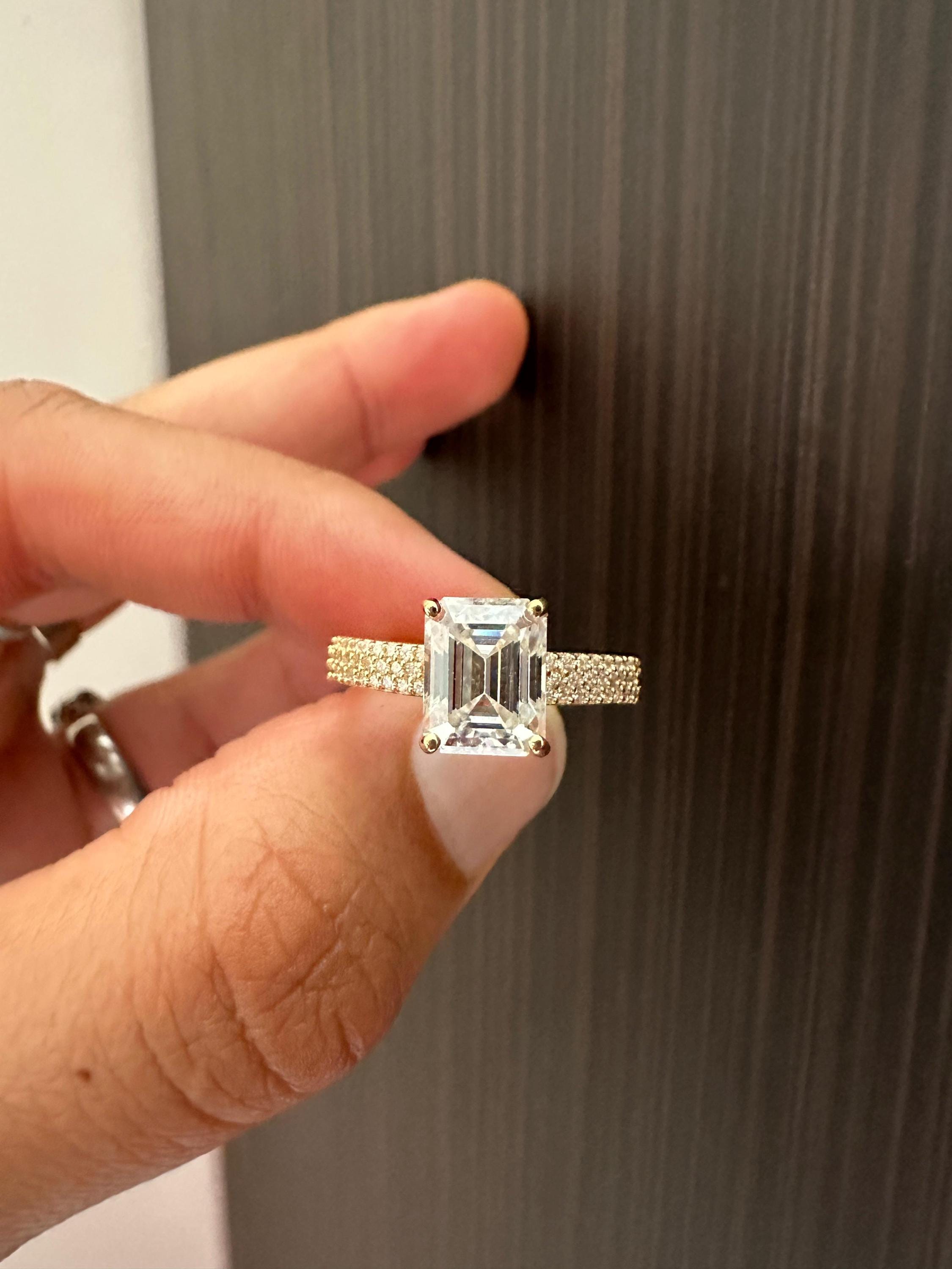 2 CT Emerald Cut Lab Diamond Ring | 14K Gold Triple Pave Engagement Band
