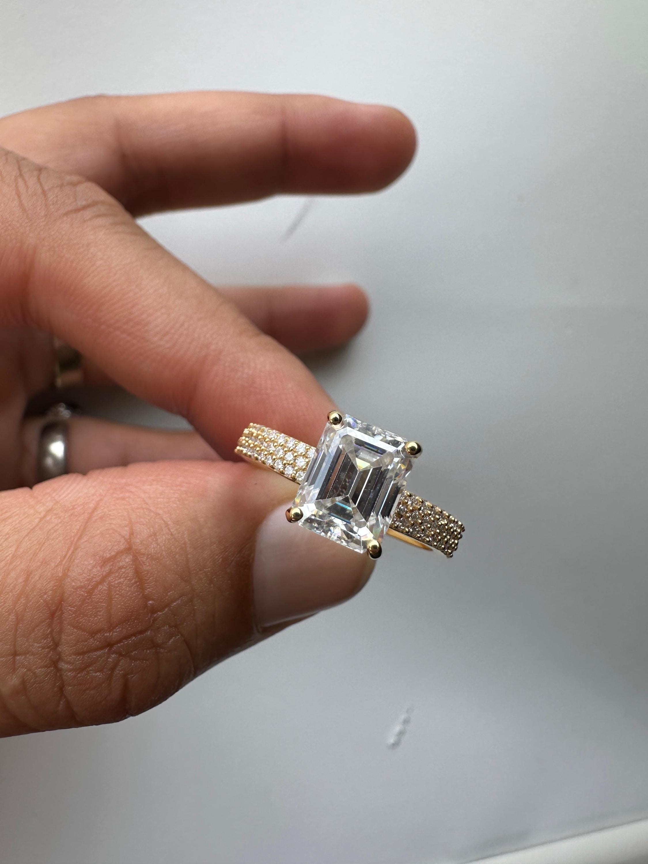 2 CT Emerald Cut Lab Diamond Ring | 14K Gold Triple Pave Engagement Band