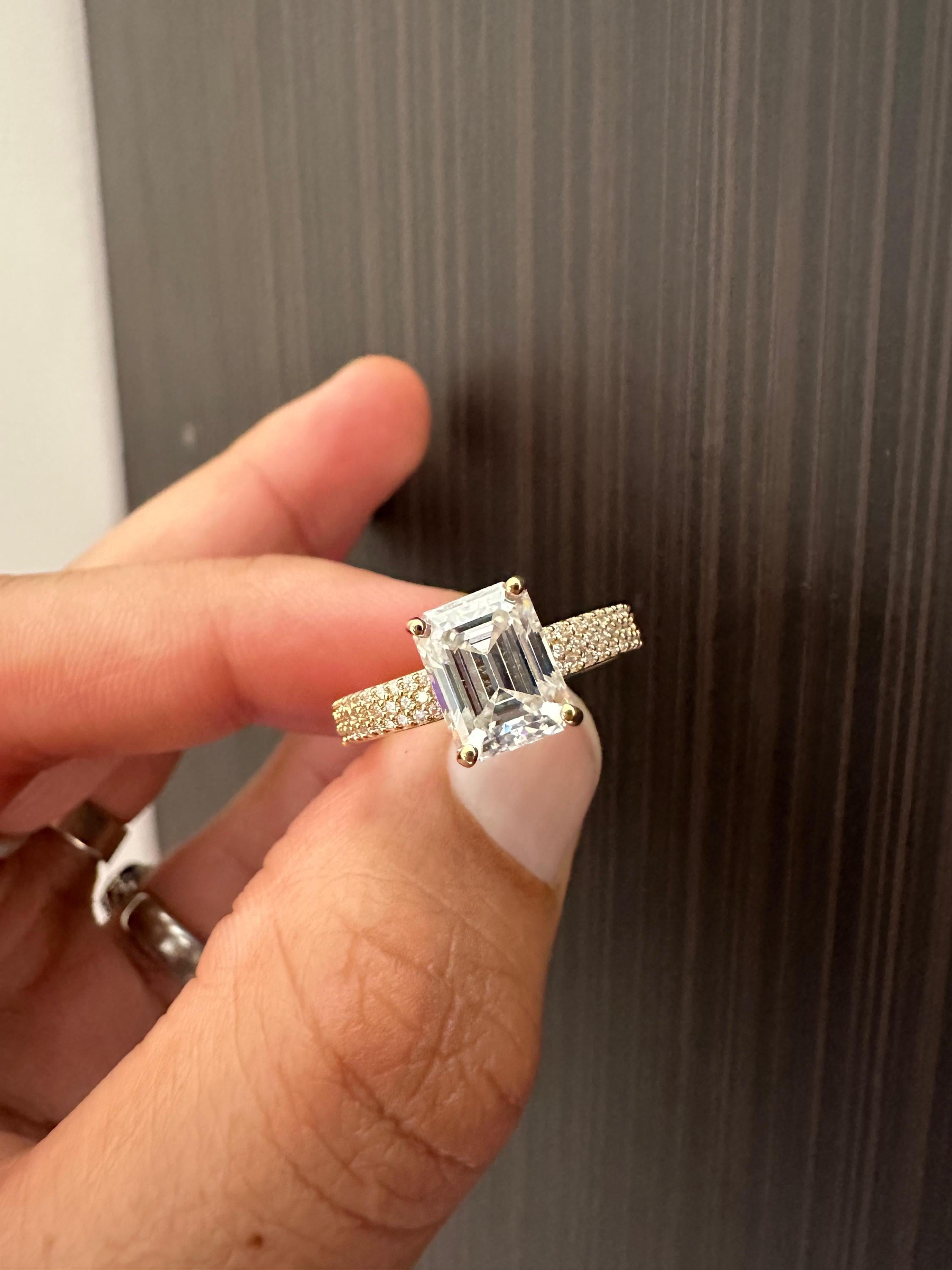 2 CT Emerald Cut Lab Diamond Ring | 14K Gold Triple Pave Engagement Band