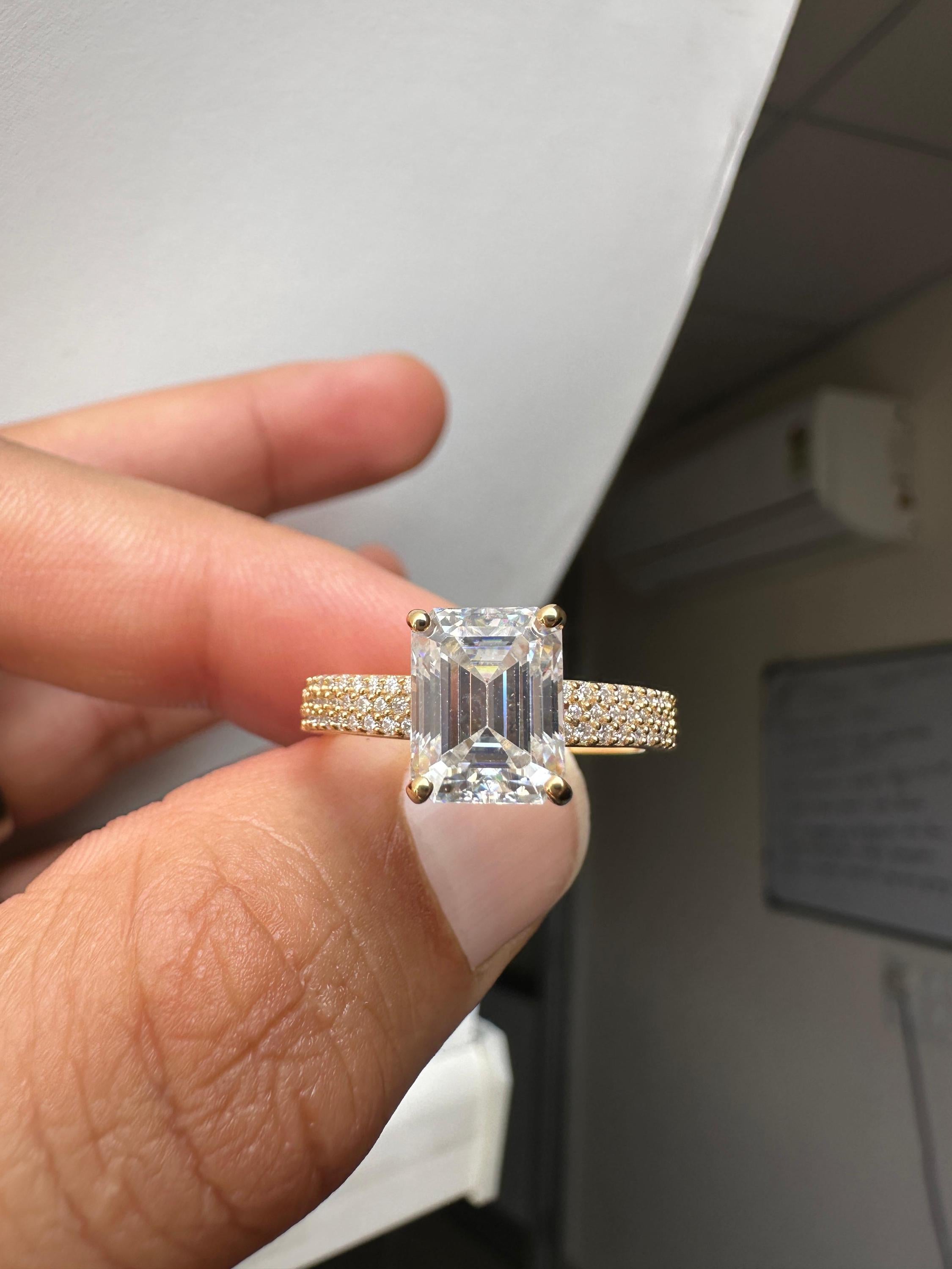 2 CT Emerald Cut Lab Diamond Ring | 14K Gold Triple Pave Engagement Band