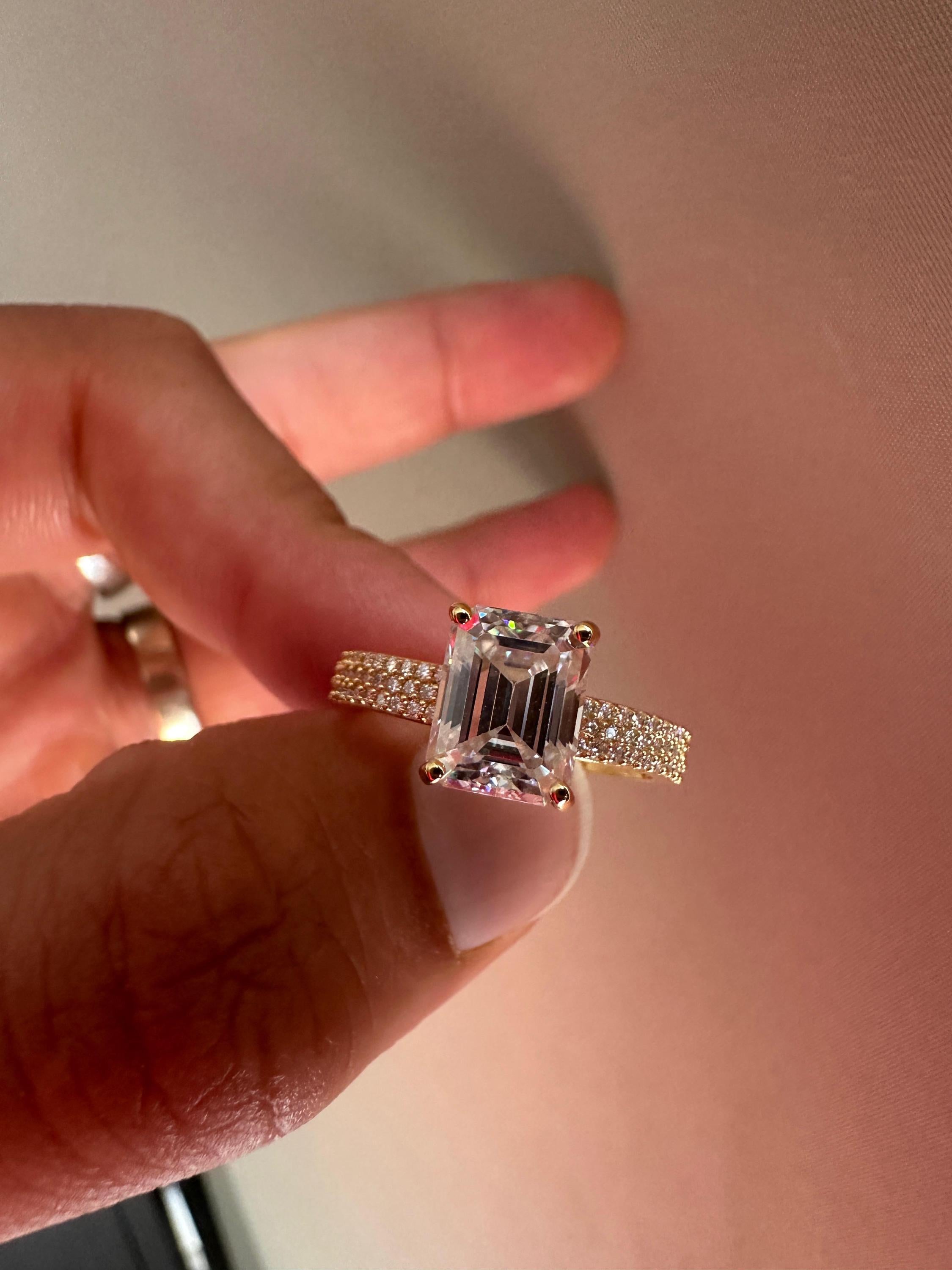 2 CT Emerald Cut Lab Diamond Ring | 14K Gold Triple Pave Engagement Band