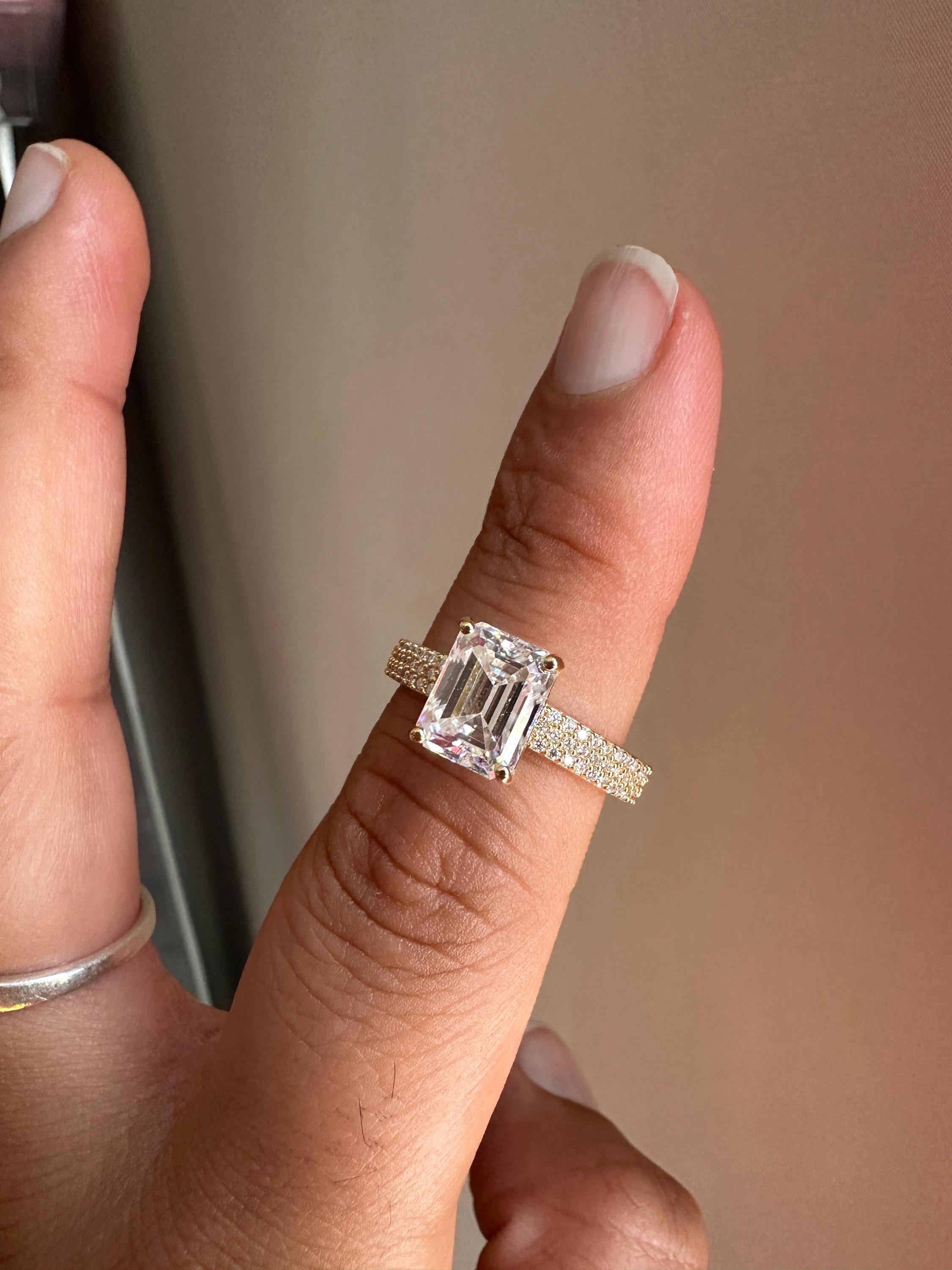 2 CT Emerald Cut Lab Diamond Ring | 14K Gold Triple Pave Engagement Band