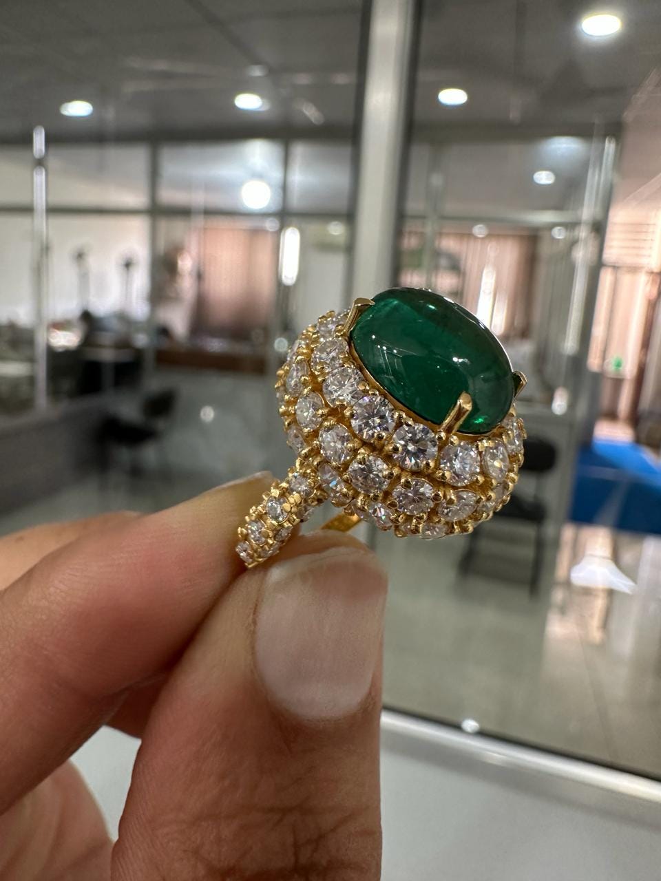 10 CT Emerald Double Halo Ring | 14K Yellow Gold, Moissanite Accents