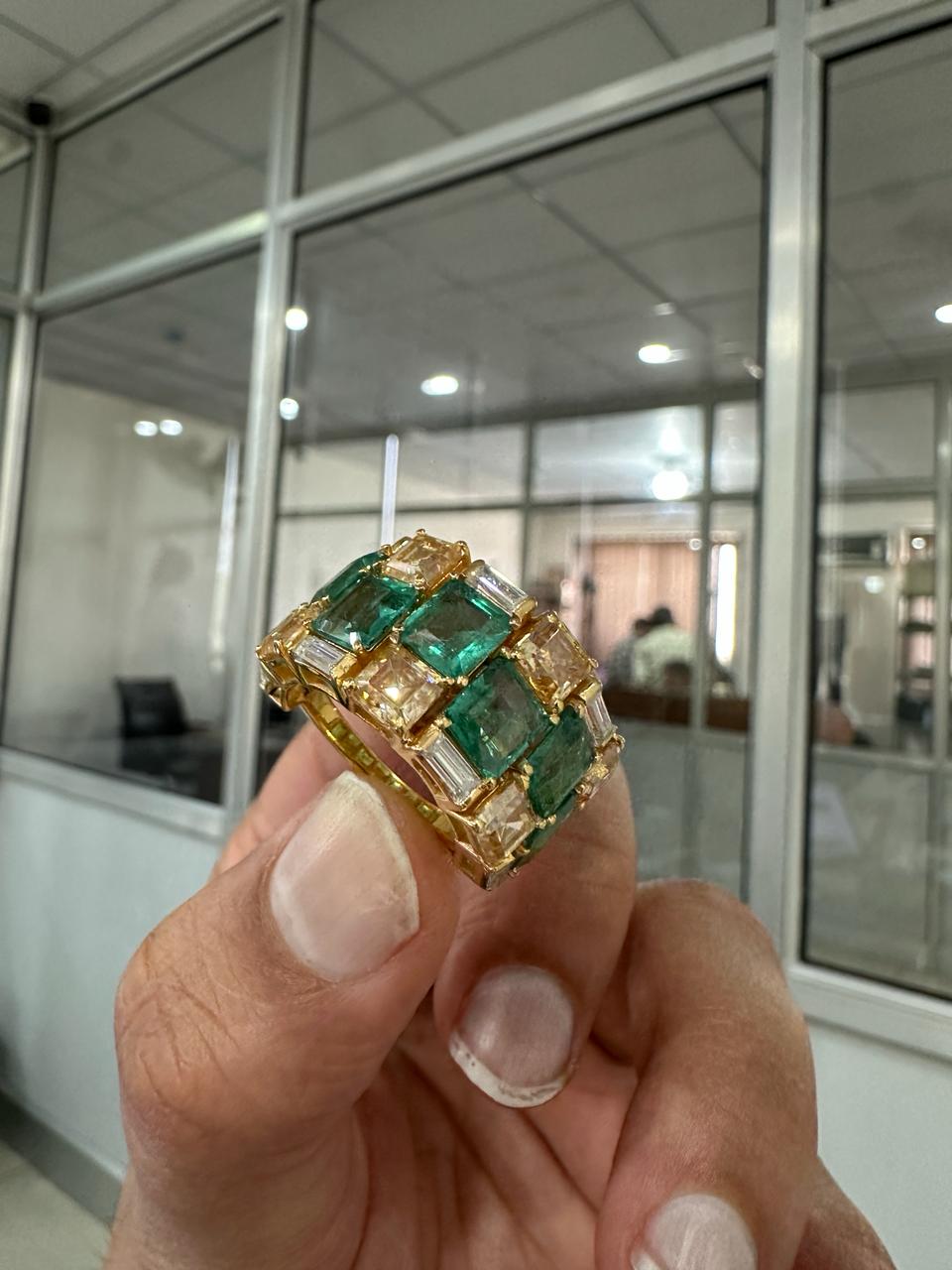 Multi Stone Emerald Engagement Ring | 14k Yellow Gold, Statement gift for her