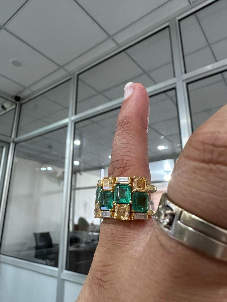 Multi Stone Emerald Engagement Ring | 14k Yellow Gold, Statement gift for her
