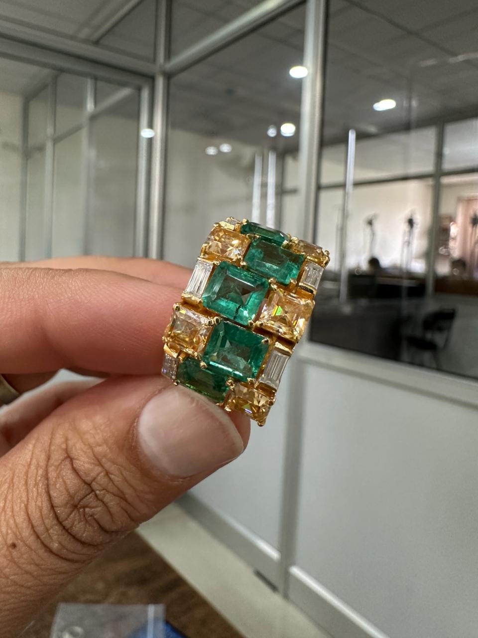 Multi Stone Emerald Engagement Ring | 14k Yellow Gold, Statement gift for her