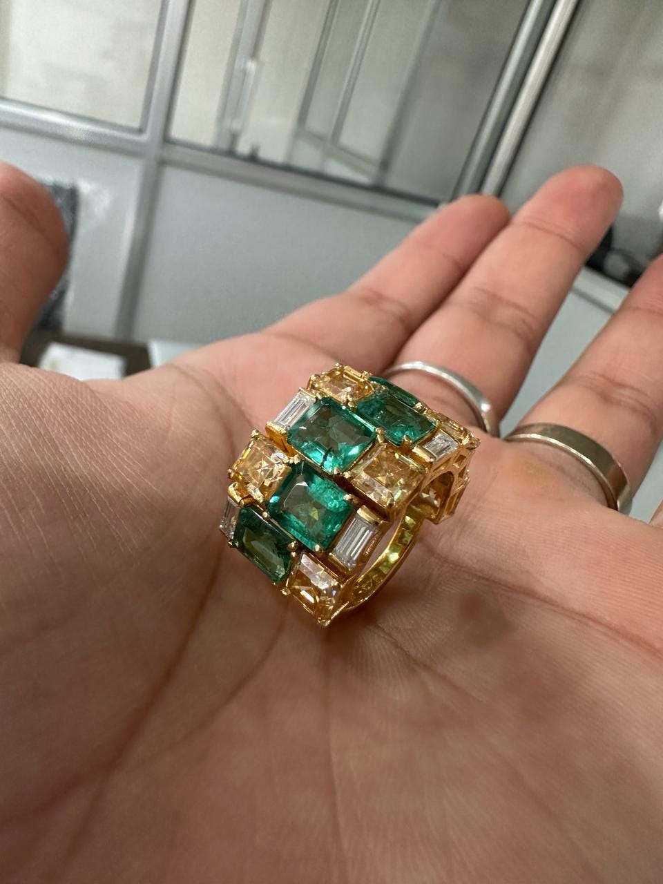 Multi Stone Emerald Engagement Ring | 14k Yellow Gold, Statement gift for her