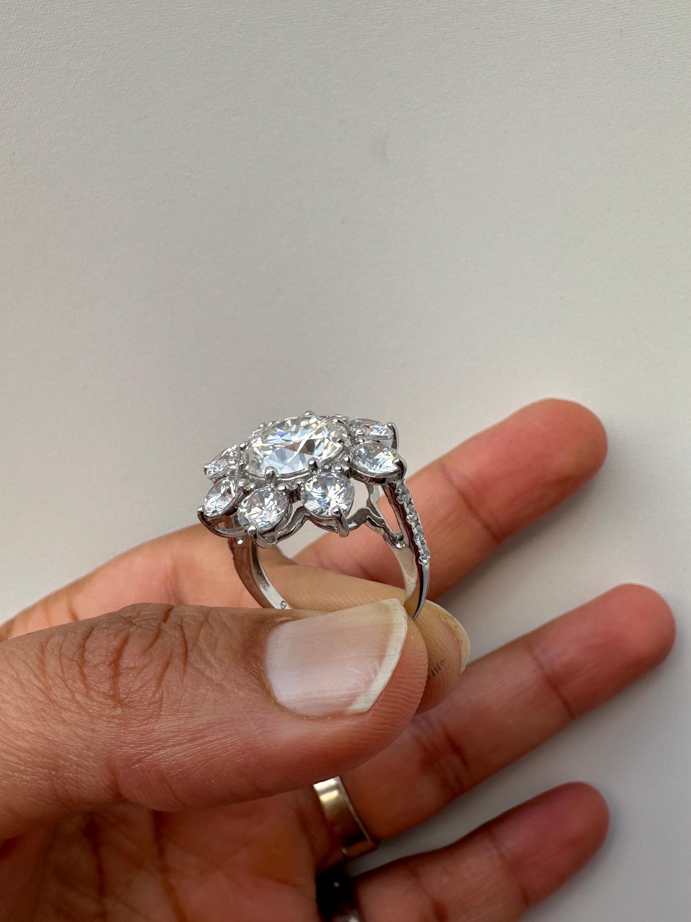 14K White Gold Moissanite Flower Ring | Diamond Look Cluster Statement Ring
