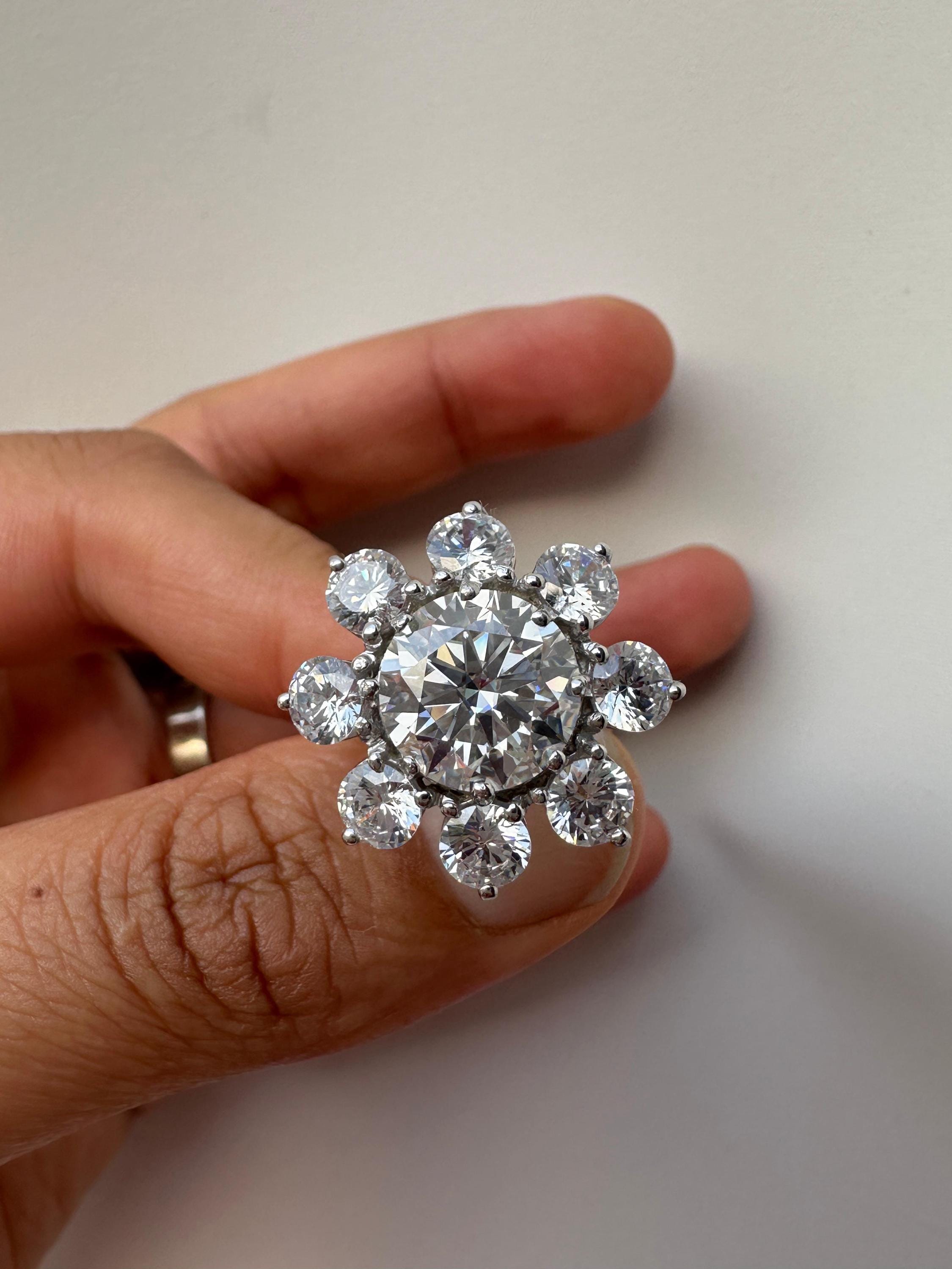 14K White Gold Moissanite Flower Ring | Diamond Look Cluster Statement Ring