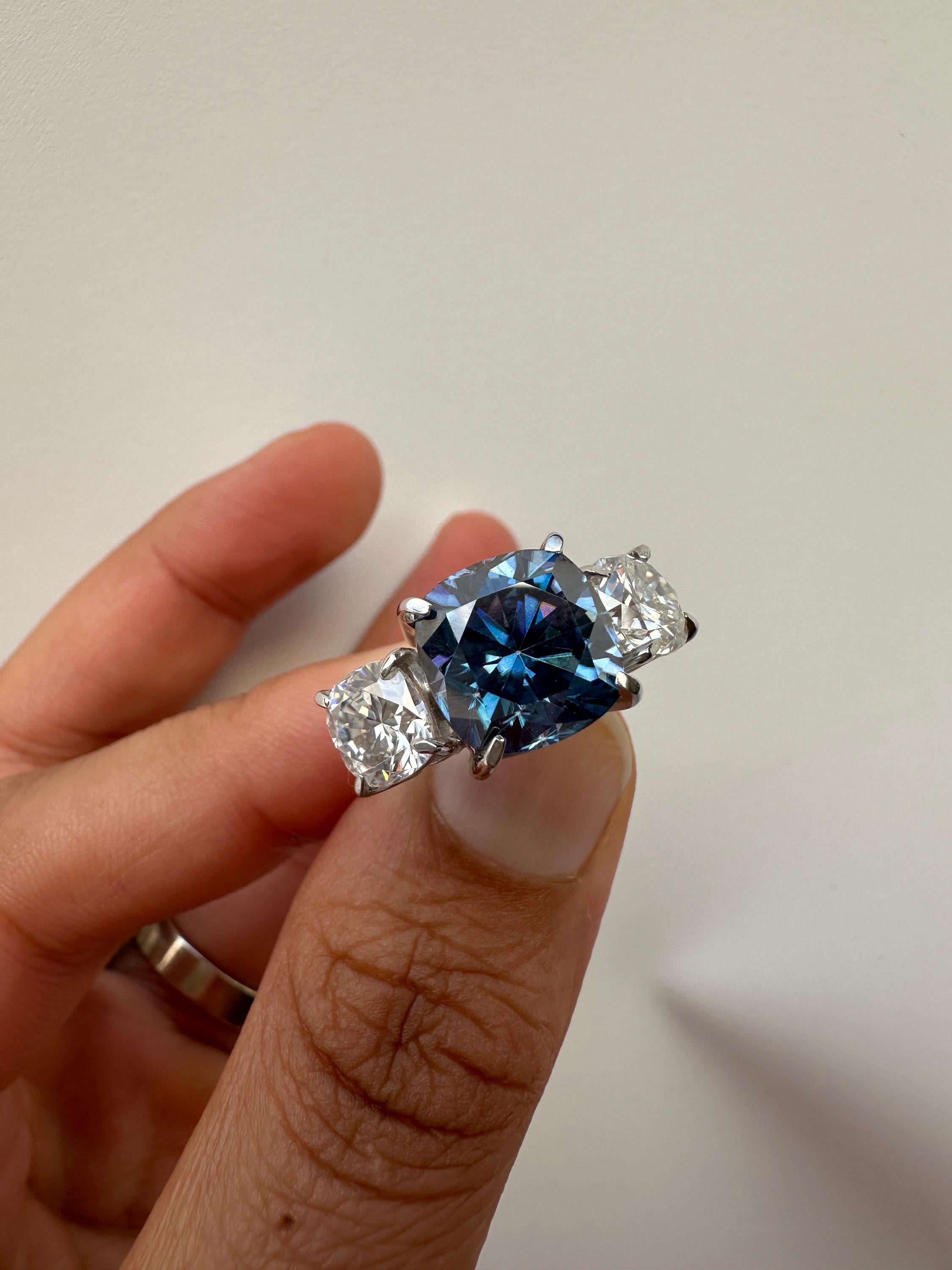 Blue Cushion Cut Moissanite Engagement Ring | 14K White Gold Three Stone Proposal Ring