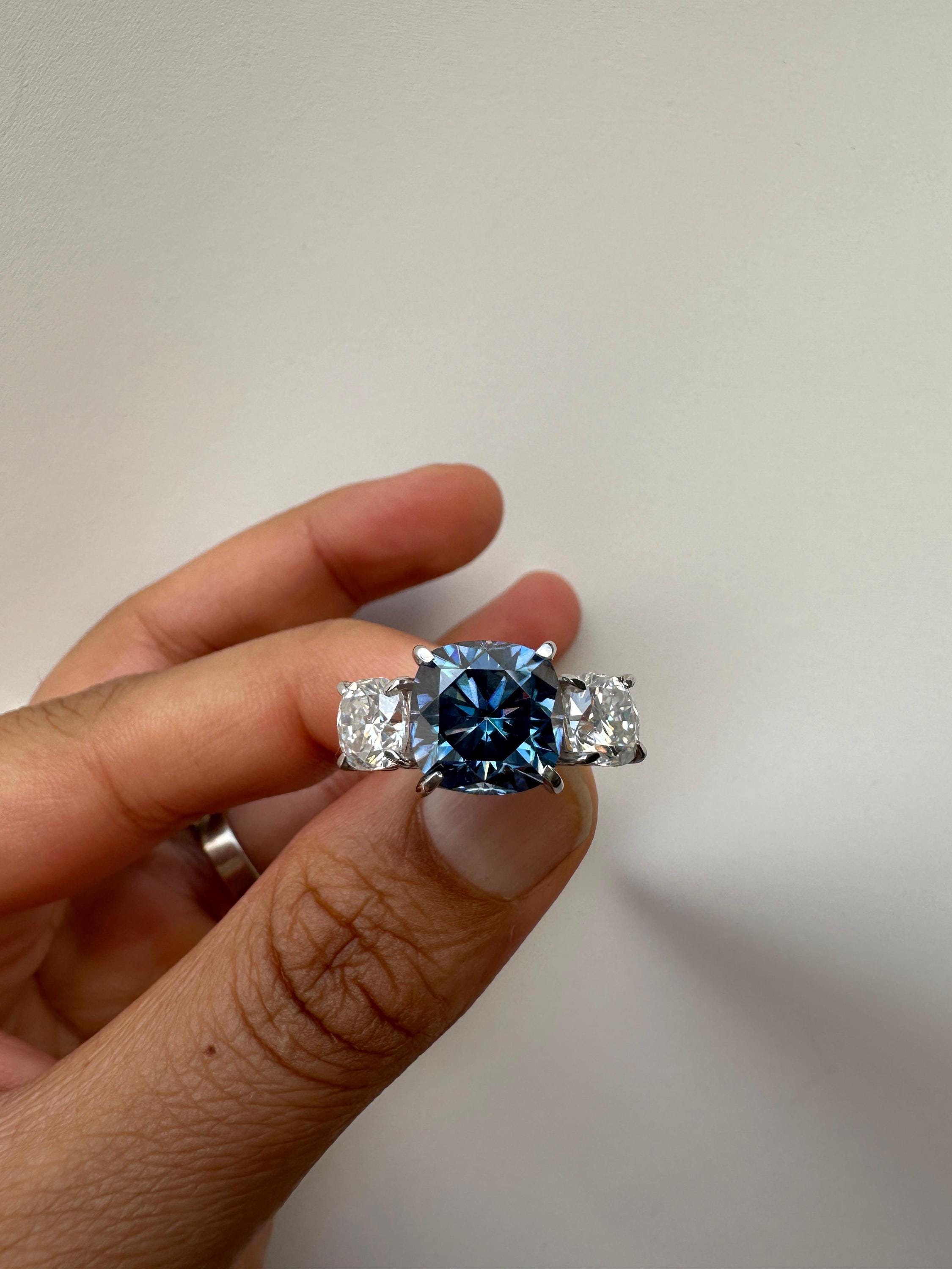 Blue Cushion Cut Moissanite Engagement Ring | 14K White Gold Three Stone Proposal Ring
