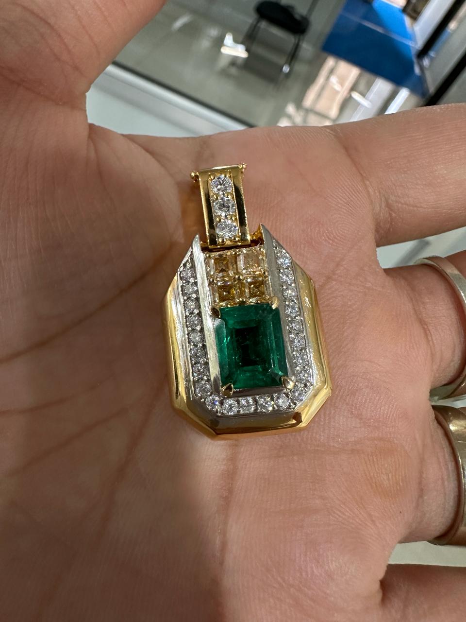 Vintage Emerald Diamond Pendant Necklace, 14K Yellow Gold, Luxury Gift for her