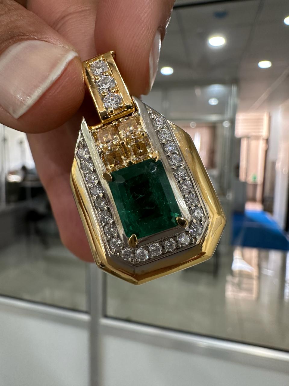 Vintage Emerald Diamond Pendant Necklace, 14K Yellow Gold, Luxury Gift for her