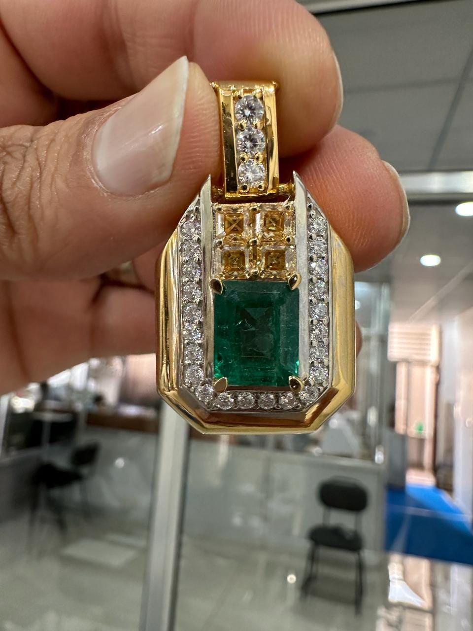 Vintage Emerald Diamond Pendant Necklace, 14K Yellow Gold, Luxury Gift for her