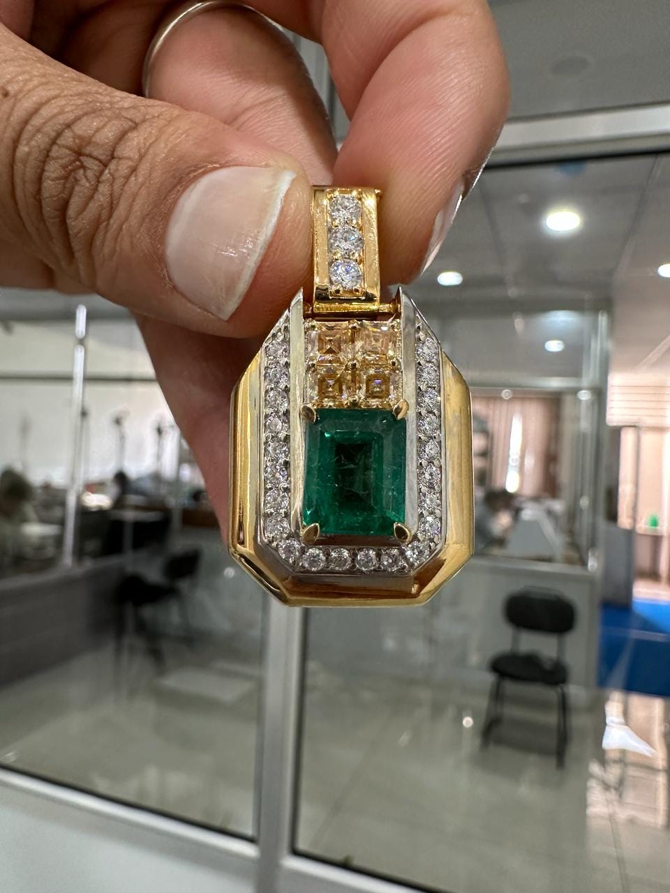 Vintage Emerald Diamond Pendant Necklace, 14K Yellow Gold, Luxury Gift for her