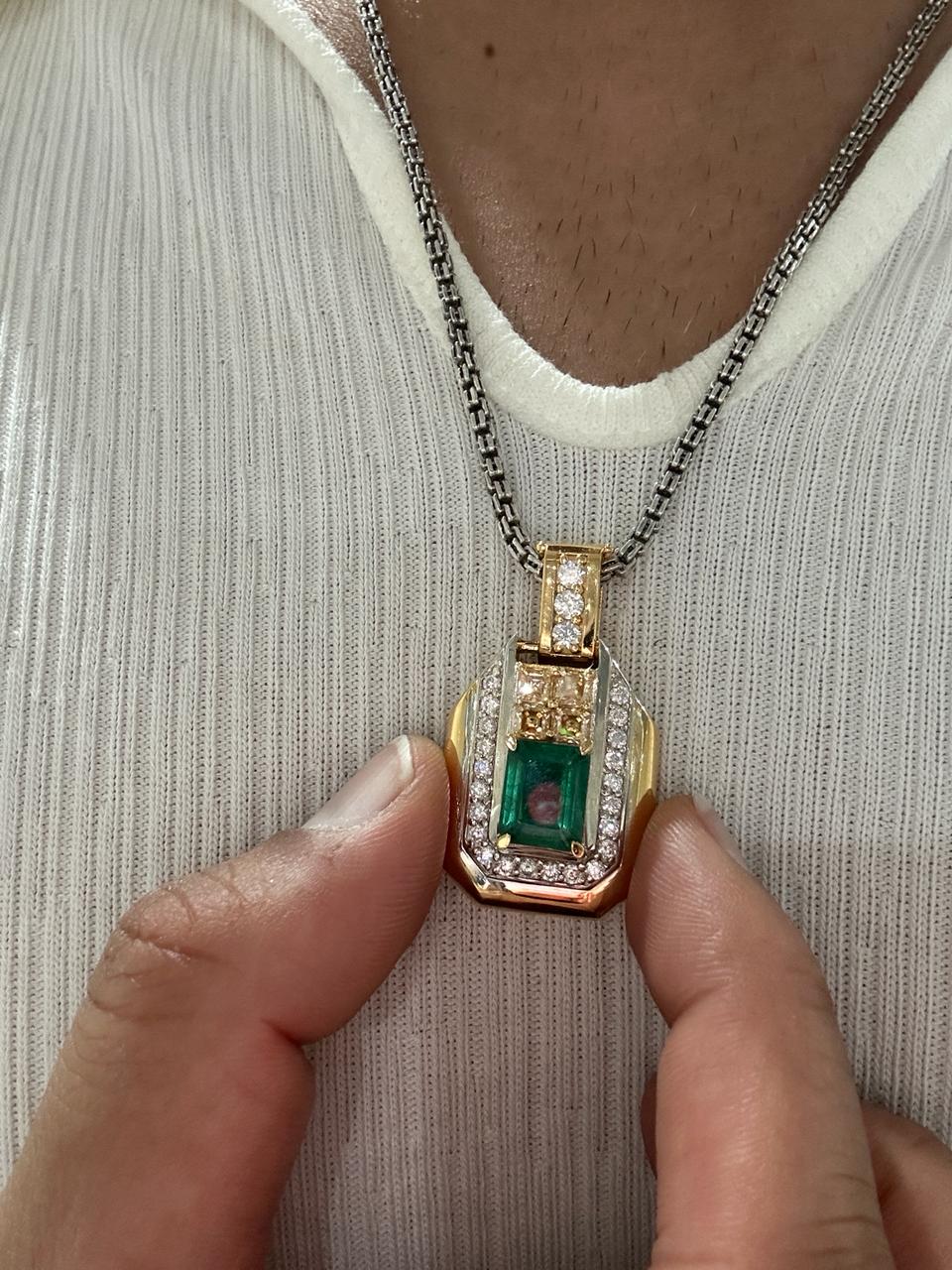 Vintage Emerald Diamond Pendant Necklace, 14K Yellow Gold, Luxury Gift for her