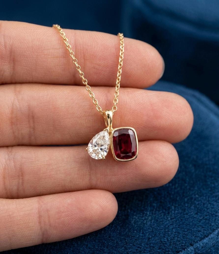 Toi Et Moi Garnet Diamond Pendant | 14K Gold Necklace, Birthstone Jewelry