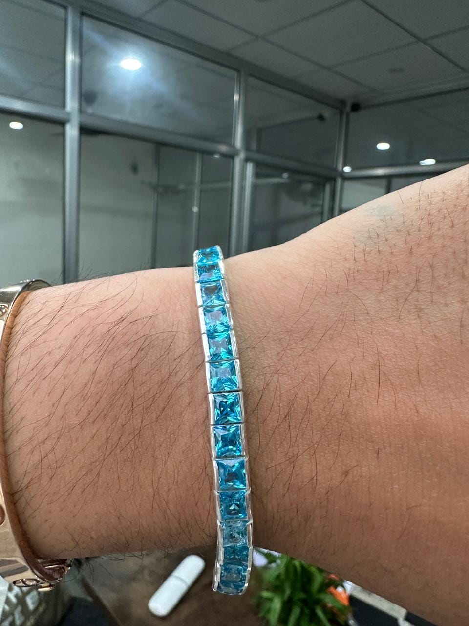 Icy Blue Men's Silver Tennis Bracelet | Channel Set Statement Bracelet Gift for Him