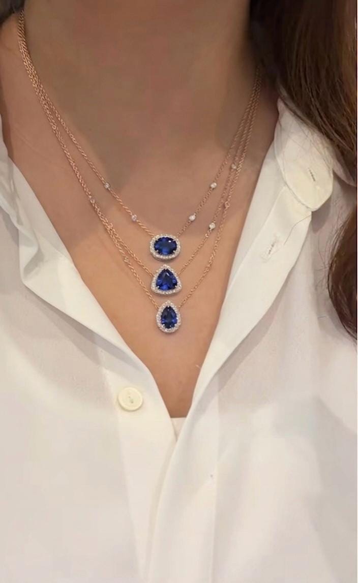 Blue Sapphire Trinity Necklace | 14K Gold Layered Moissanite Halo Pendant