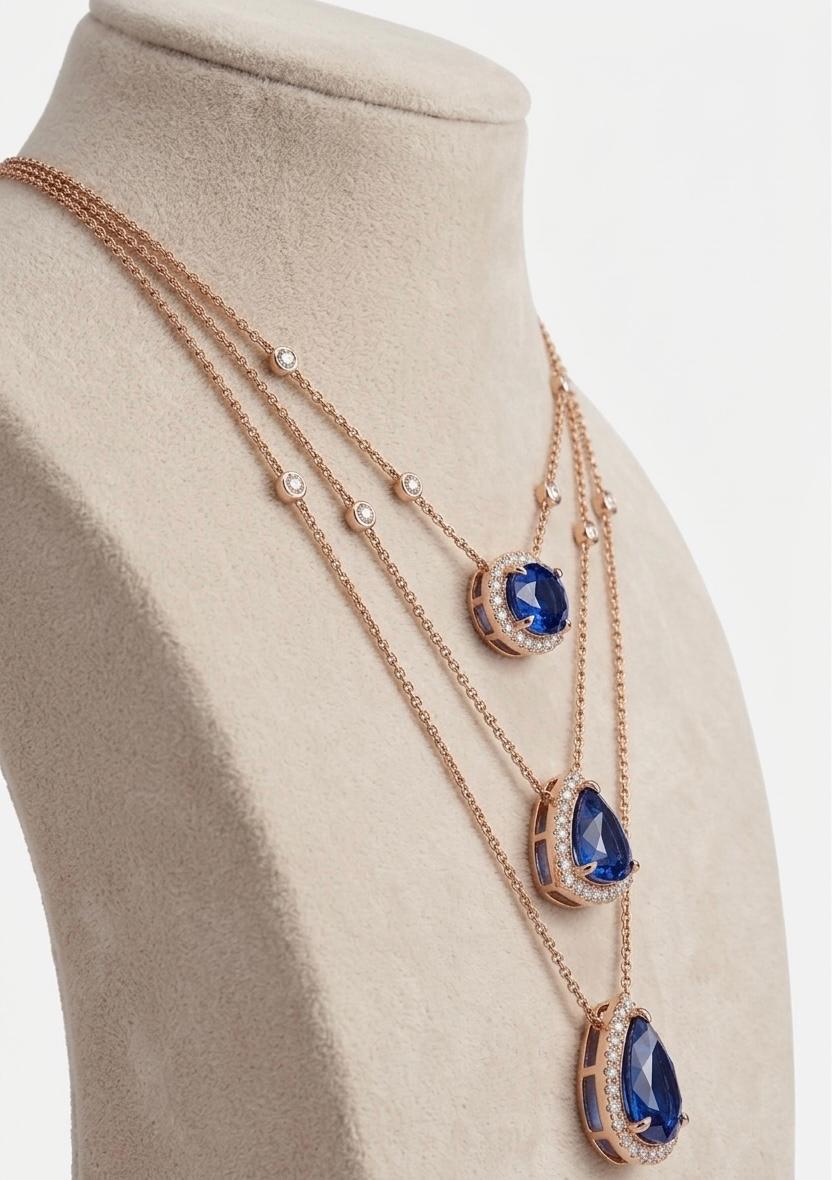 Blue Sapphire Trinity Necklace | 14K Gold Layered Moissanite Halo Pendant