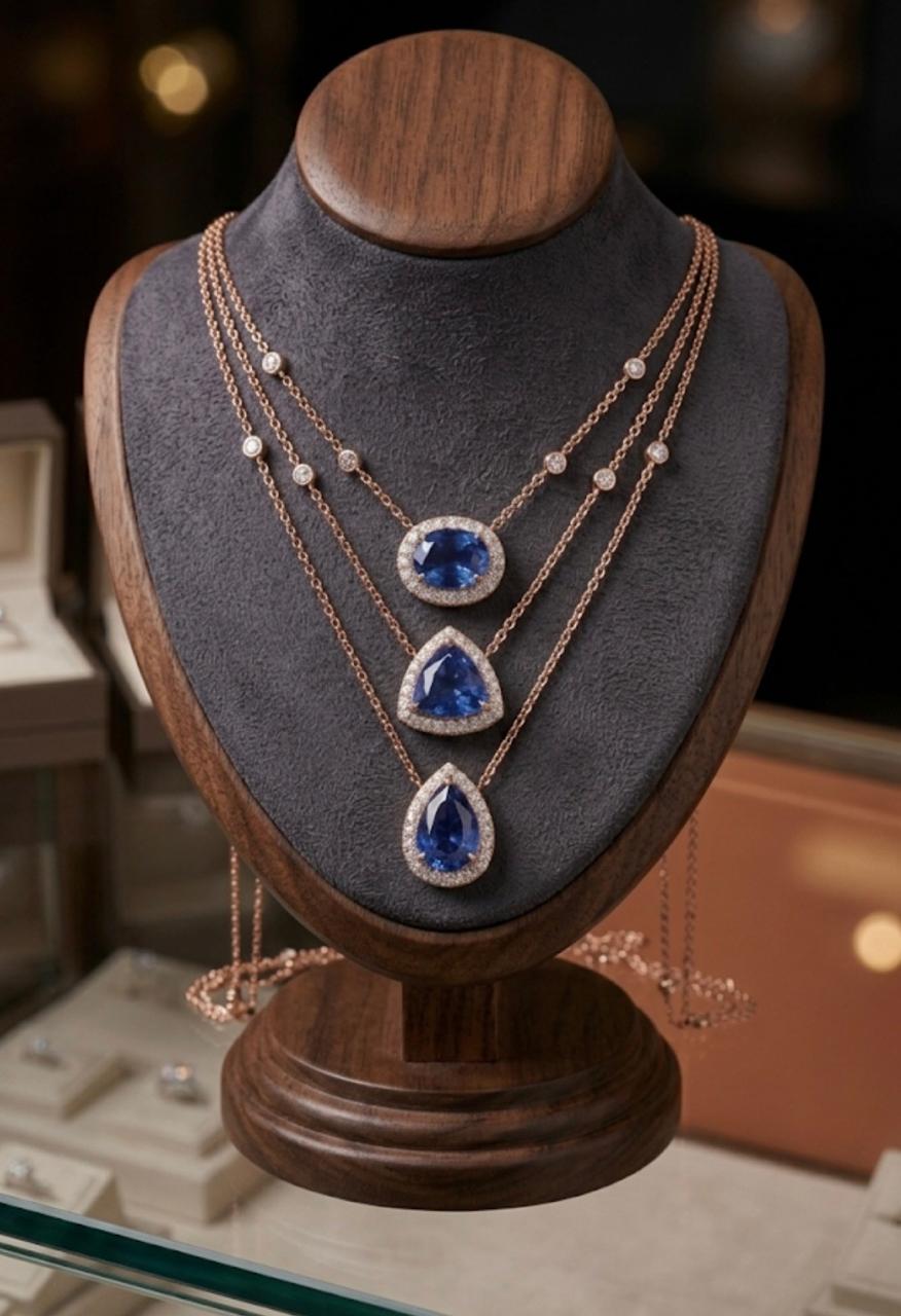 Blue Sapphire Trinity Necklace | 14K Gold Layered Moissanite Halo Pendant